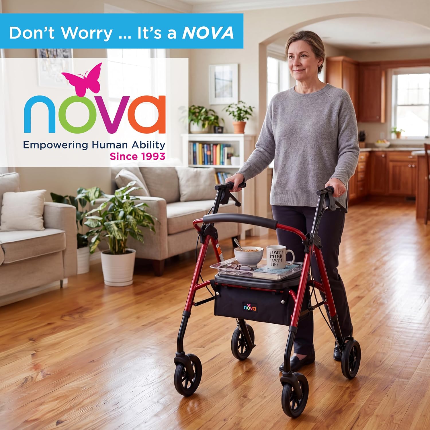 NOVA Rollator & Walker Tray Table with Side Carry Handles - Lightweight Accessory Tray for Mighty Mack, Star DX Rollators and Cruiser, Mack Walkers