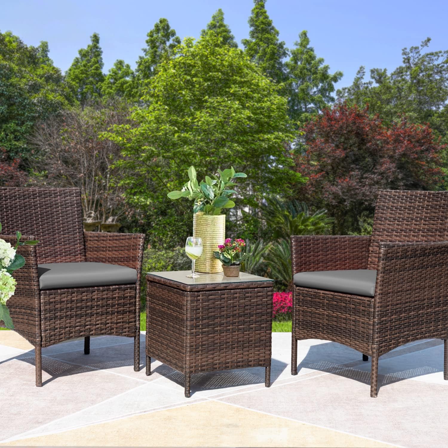Greesum 3 Pieces Patio Furniture Sets Outdoor PE Wicker Chairs,Beige