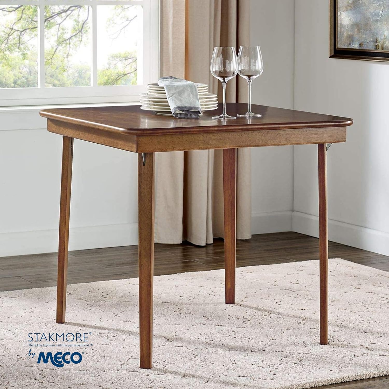 Stakmore Classic Straight Edge Square Wood Folding Table, 32x32, Oak | Foldable Card Table, Wooden Tabletop Furniture for Cards, Board Games & Dining