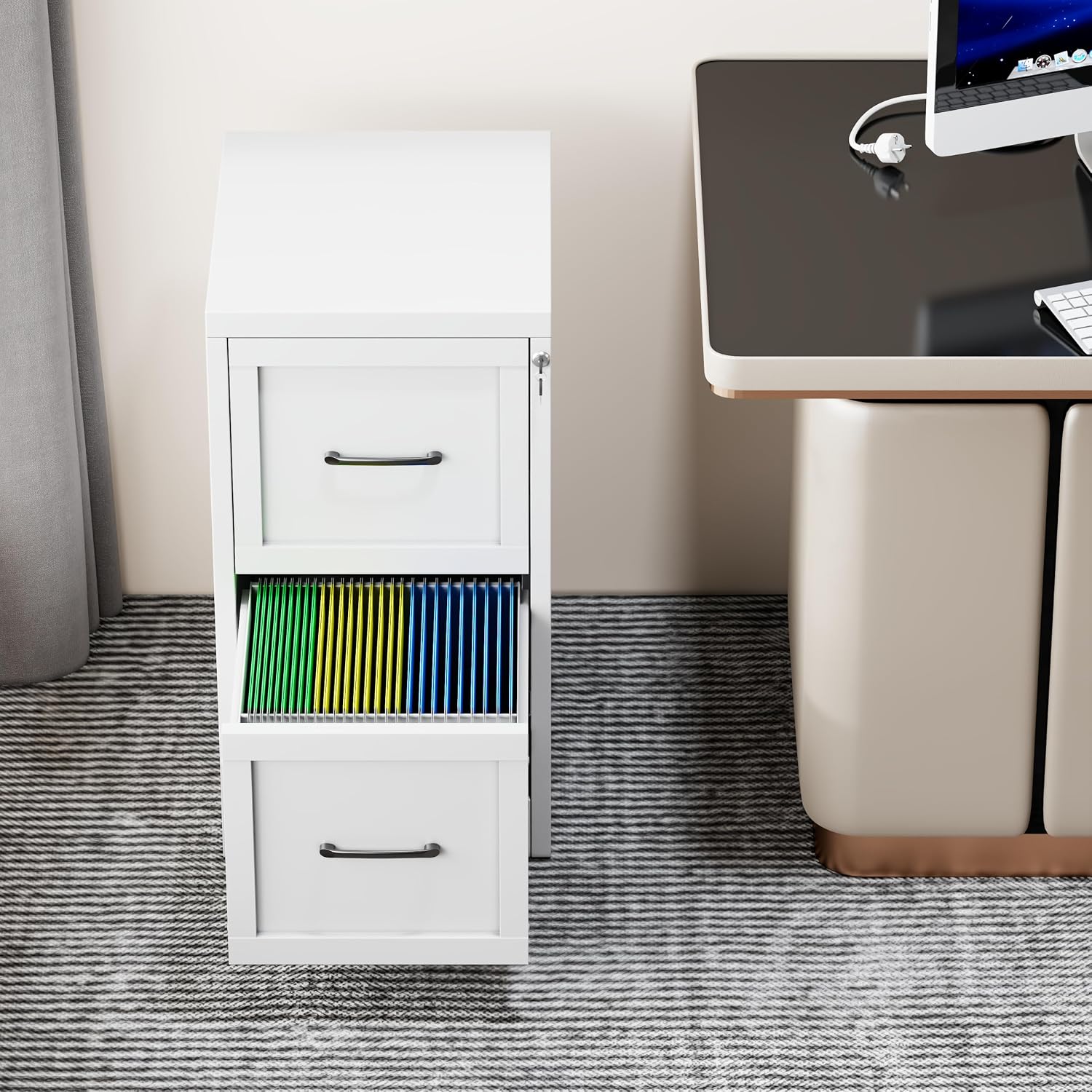 3 Drawer File Cabinet, Office Mobile Filing Cabinet, Printer Stand | All-in-One Office Storage, 3 Storage Drawers, 2 Adjustable Shelves, Lockable Cabinet, 4 Casters, 46.5-Inch Top