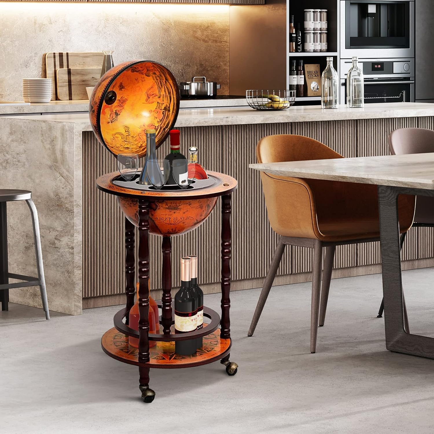 FANTASK 17” Globe Wine Bar Stand Cart, 16th Century Italian Replica Storage Shelf w/Wheels & Bottom Shelf