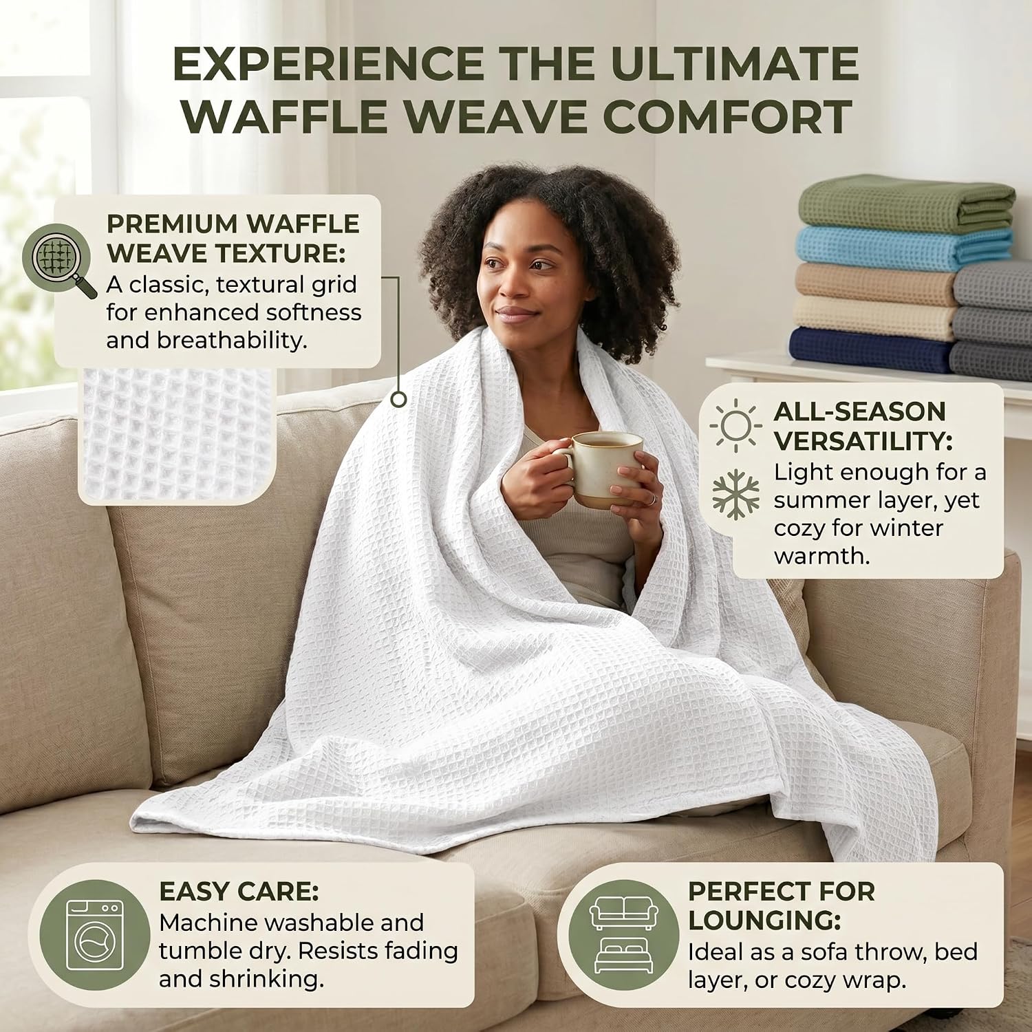 Tex Trend 100% Cotton Waffle Weave Blanket Queen Size - Soft, Breathable Cooling Blanket for Bed, Lightweight Cozy Summer & Spring Bedding, Grey, 90x90