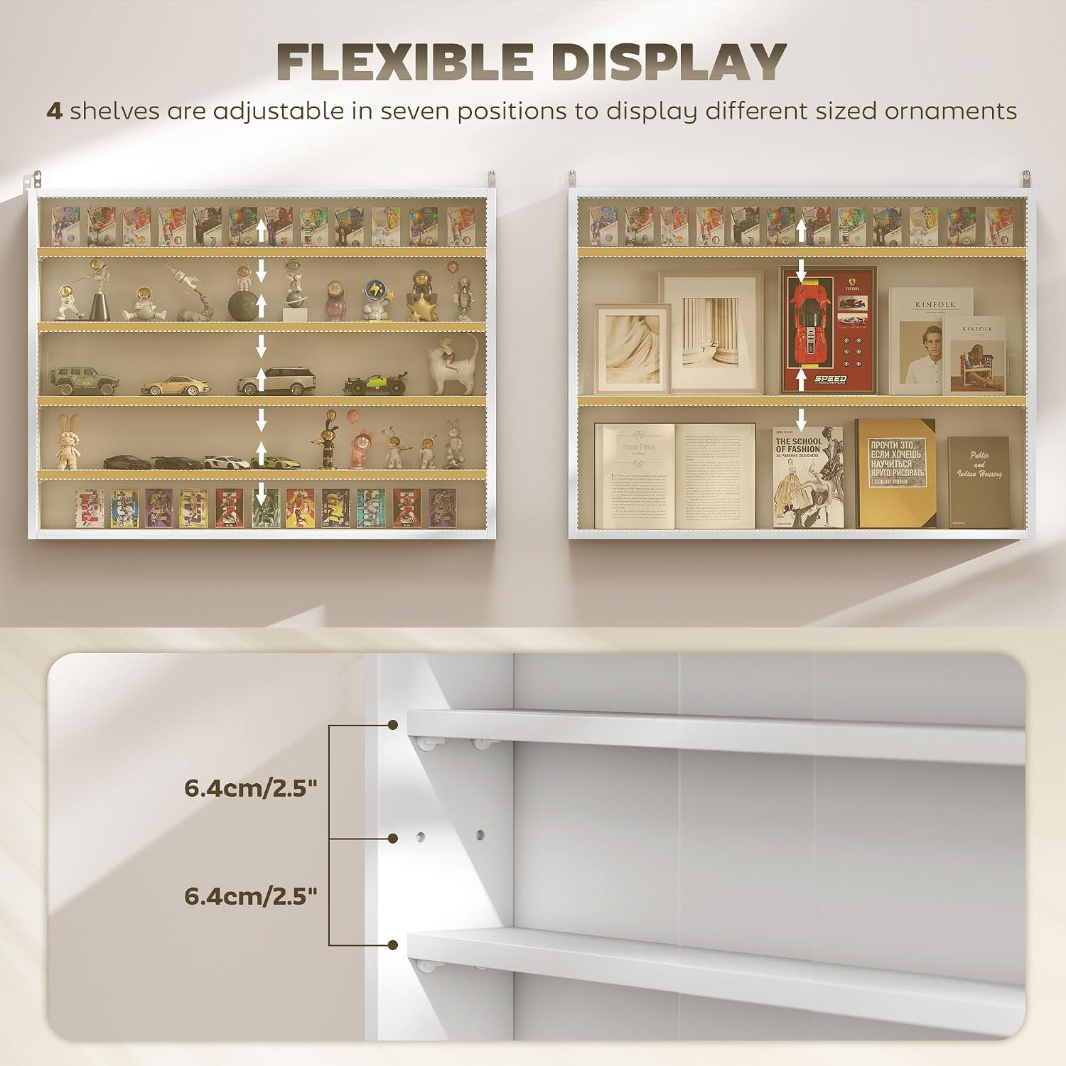 HOMCOM 5-Tier Display Cabinet, Glass Door Cabinet with Adjustable Shelves, Wall-Mounted Display Case for Playroom, Bedroom, Black