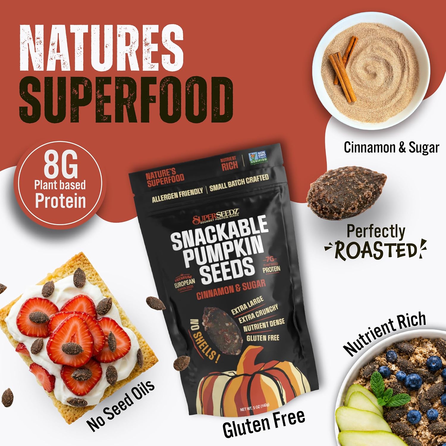 SuperSeedz Dry Roasted Pumpkin Seeds with Sea Salt w/8g Protein (5oz Bag) | Nn-GMO, Gluten-Free, Keto Snacks – Nut-Free & School Friendly Organic Pumpkin Seeds – Large European No Shell Pepitas
