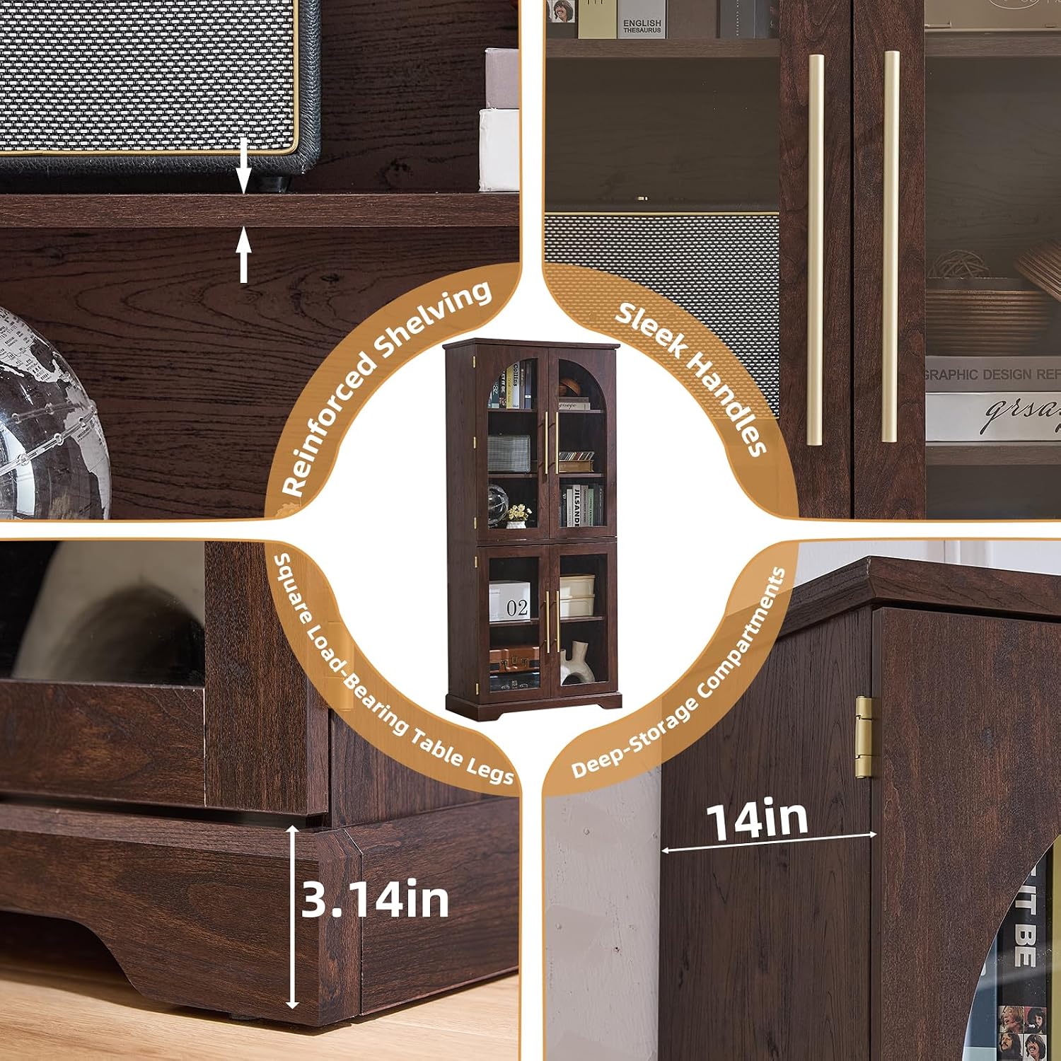 Joaxswe 72" Tall Bookshelf with 4 Curved Glass Doors, Farmhouse Bookcase with 3-Tier Adjustable Shelves, Modern Living Room Display Cabinet, Large Storage Cabinet for Home Office,Dining Room, Natural