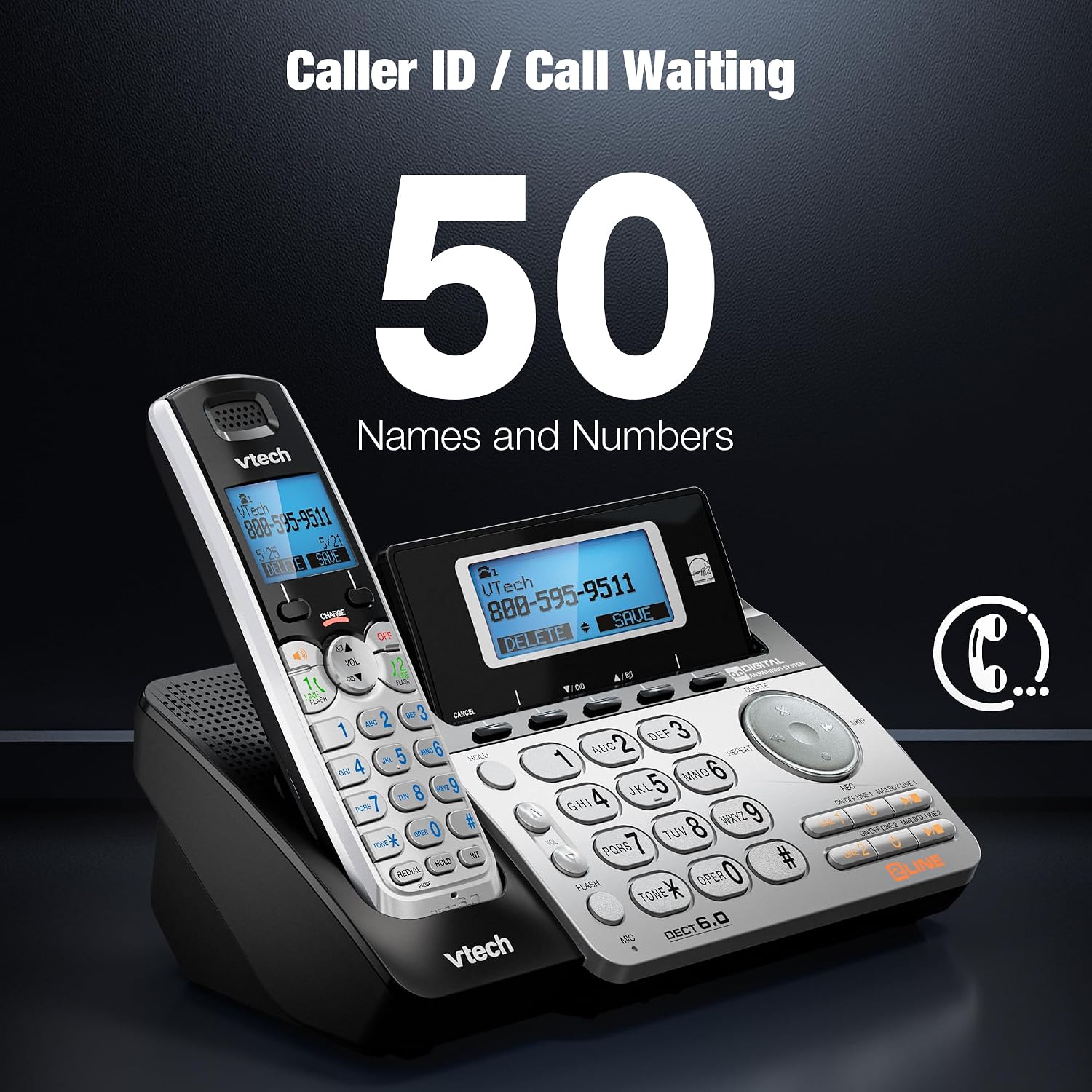 VTech DS6101 Accessory Handset for DS6151 Series, Black/Silver | 2-Line Cordless Phone, Answering System, Expandable up to 12 Handsets, Intercom & Conference
