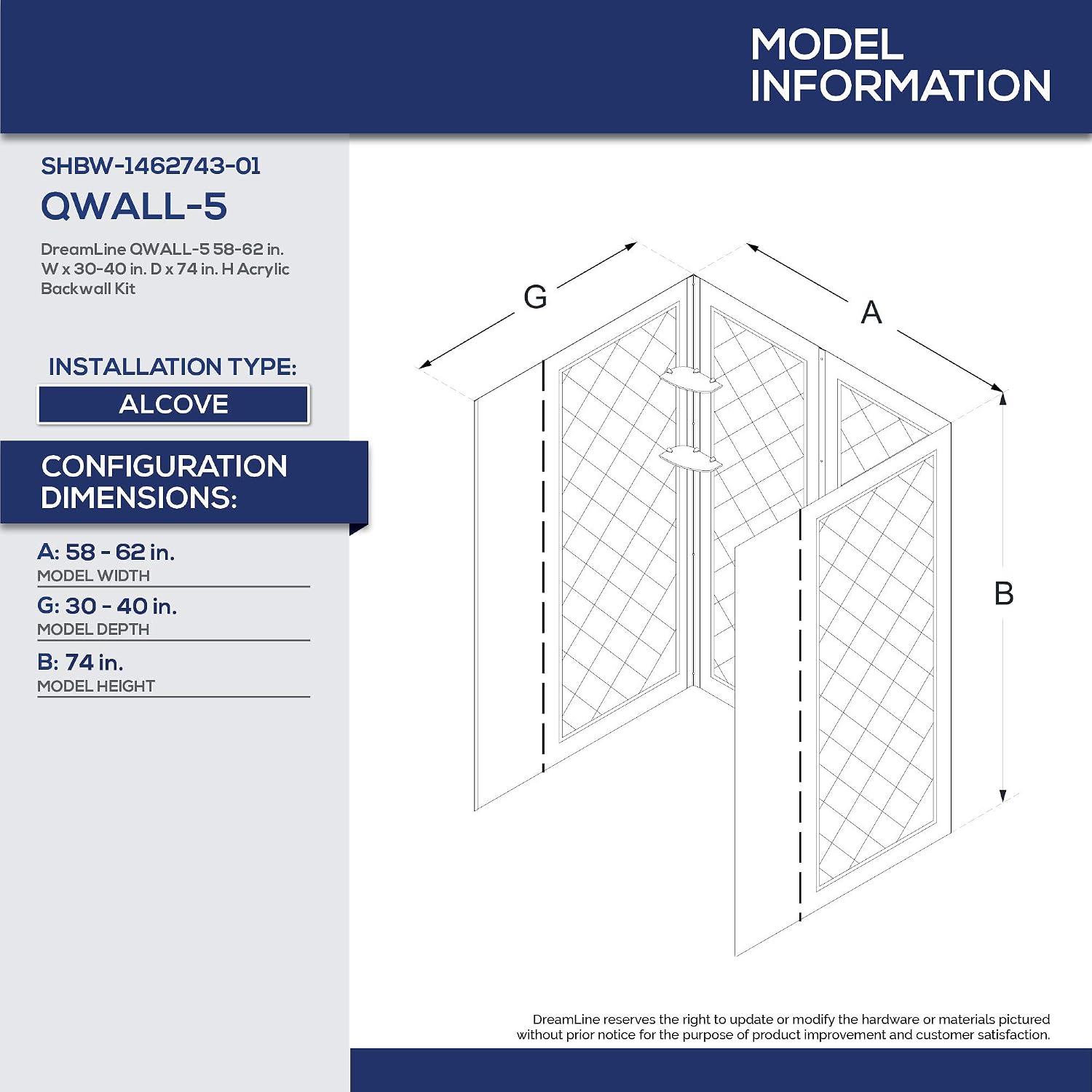 DreamLine 36 in. D x 60 in. W x 76 3/4 in. H Left Drain Acrylic Shower Base and QWALL-5 Backwall Kit In White, DL-6192L-01