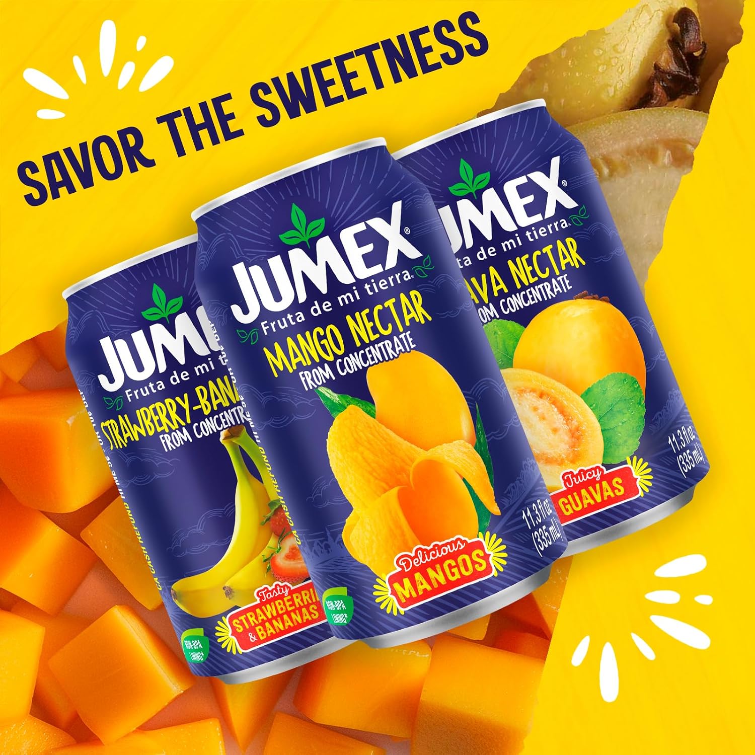 Jumex Mango Nectar Juice & Peach Nectar - Made with Fresh Fruit Puree - Tropical Fruit Juice Concentrate for Smoothie Mix, Cocktail Mixers & Kids Beverages - 11.3oz, 12 Pack Canned Drinks