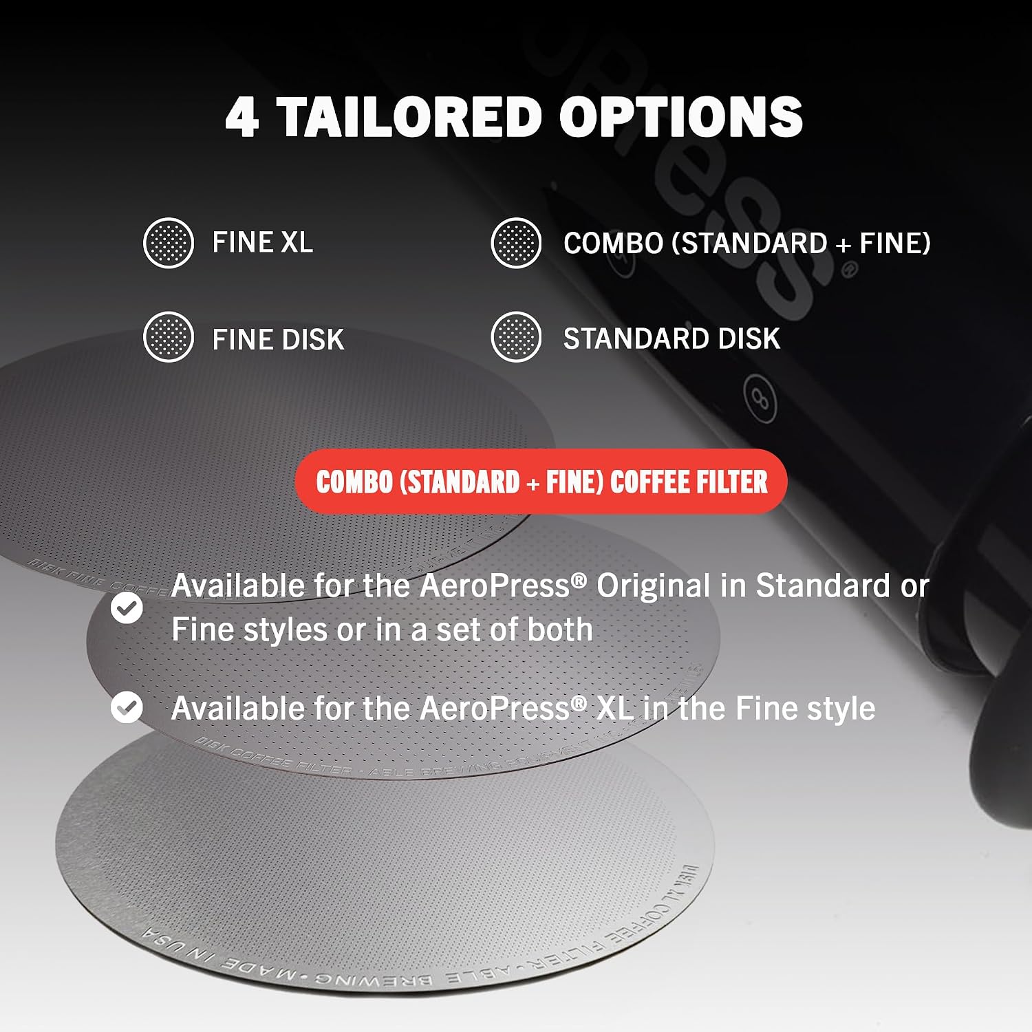 Able - DISK Stainless Steel Coffee Filter, AeroPress Coffee Maker-Compatible, AeroPress Accessories for Home & Cafes, 2.45” Reusable Coffee Filters (254-Micron Standard + 152-Micron Fine), Pack of 2