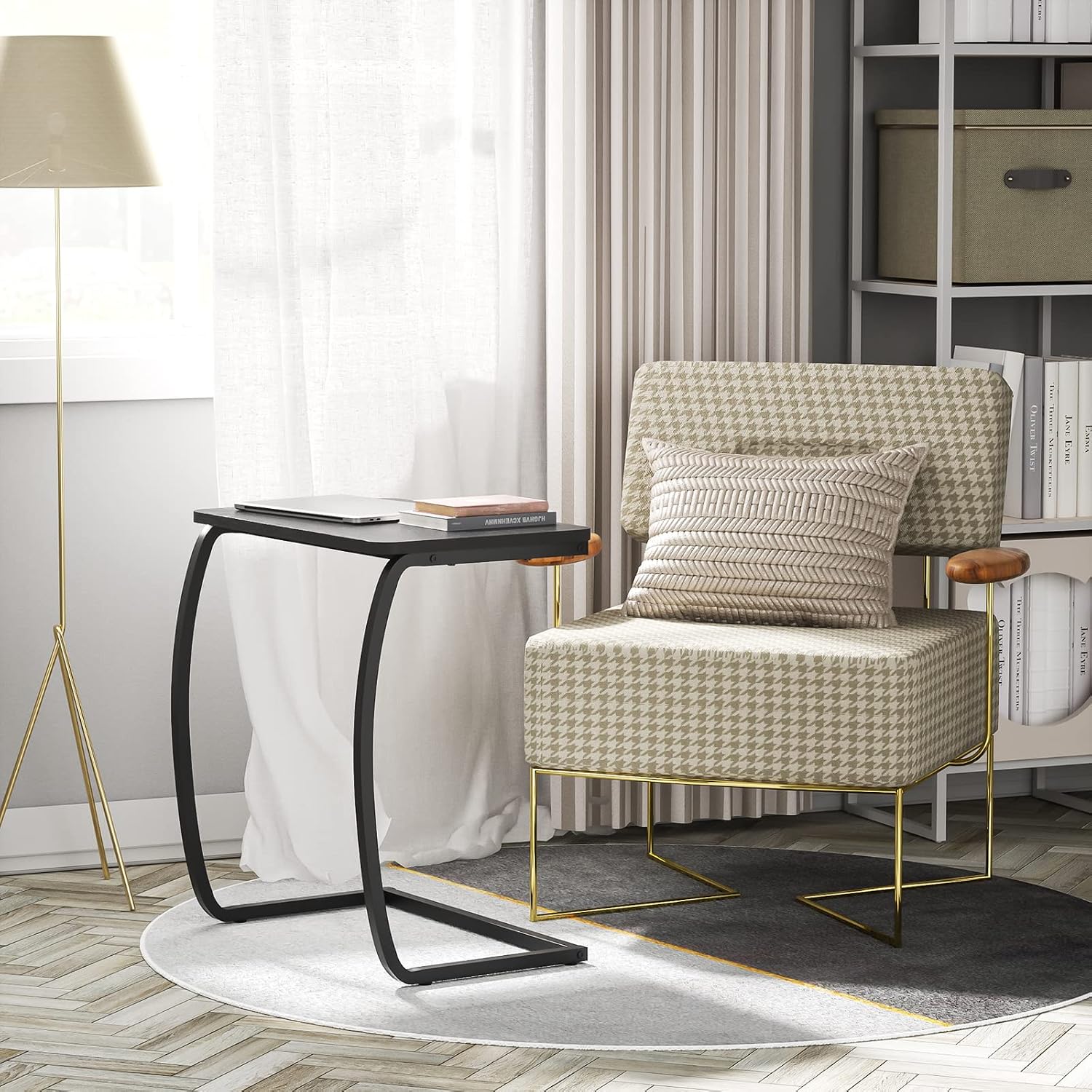 SRIWATANA Walnut C Shaped Side Table, Vintage End Table for Sofa Couch Bed
