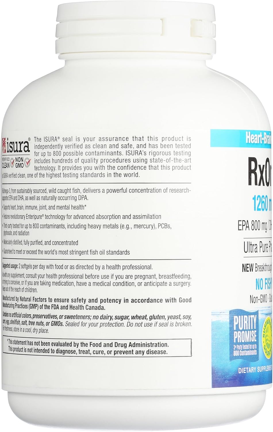 Natural Factors, RxOmega-3 Fish Oil, Pharmaceutical Grade, 1260 mg Omega-3 Per Serving, No Fishy Aftertaste, 240 Count (Pack of 1)