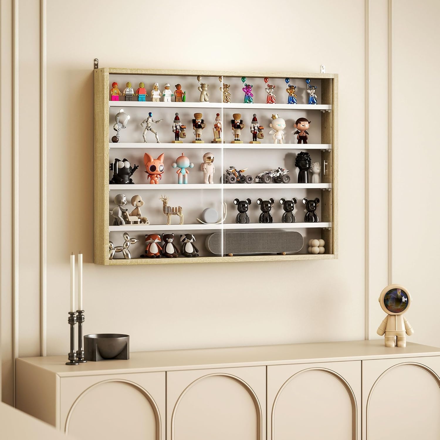 HOMCOM 5-Tier Display Cabinet, Glass Door Cabinet with Adjustable Shelves, Wall-Mounted Display Case for Playroom, Bedroom, Black