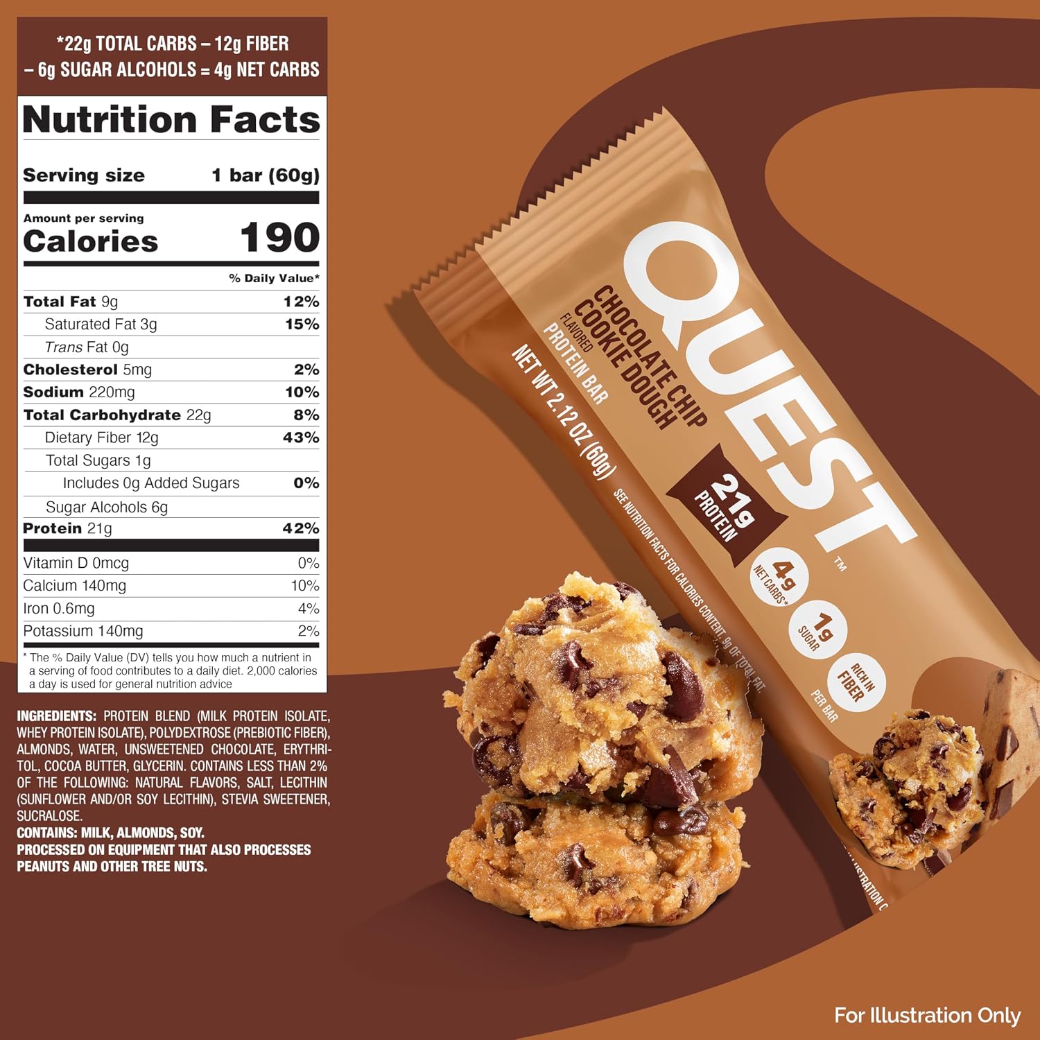 Quest Nutrition Oatmeal Chocolate Chip Protein Bars, 20g Protein, 12 Count | 12g Fiber, 5g Net Carbs, 1g Sugar, Gluten Free, High Quality Protein, Soft and Chewy, Individually Wrapped 2.12oz Bars