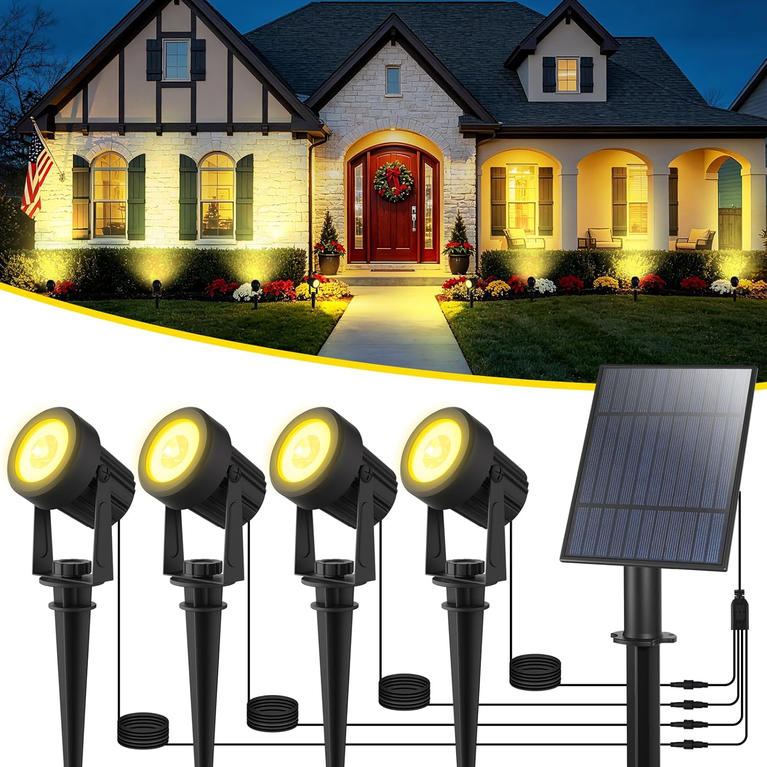 T-SUN Solar Spot Lights Outdoor, Dual Head Solar Spotlights, Cool White | IP65 Waterproof, 2 Brightness Modes, Dusk to Dawn Solar Uplights for Garden, Yard, Pathway, Patio, Lawn