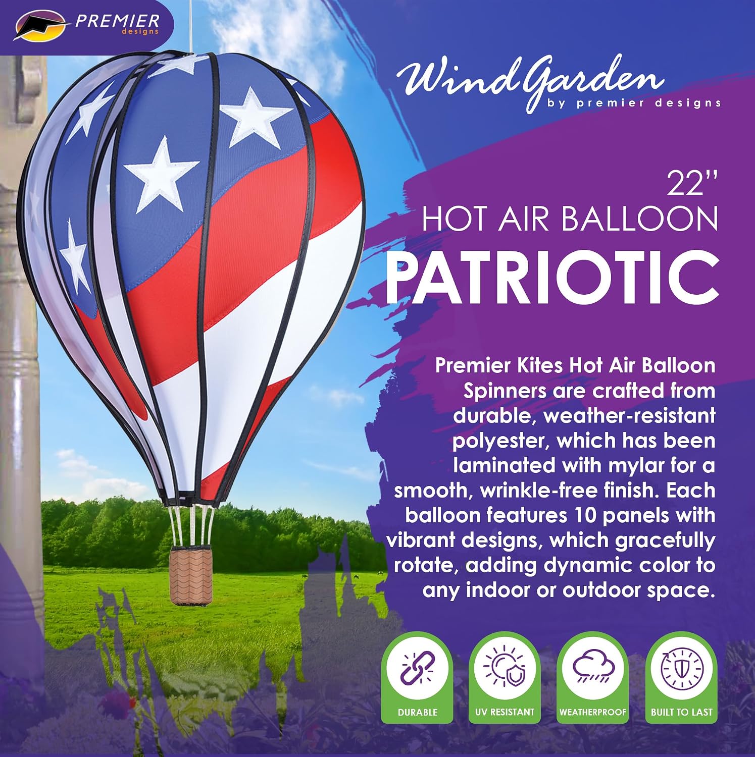 Hot Air Balloon Hanging Garden Spinner 22" - Vibrant Patriotic Design, Weather-Resistant Outdoor Decor, Durable & Lightweight for Patios, Yards