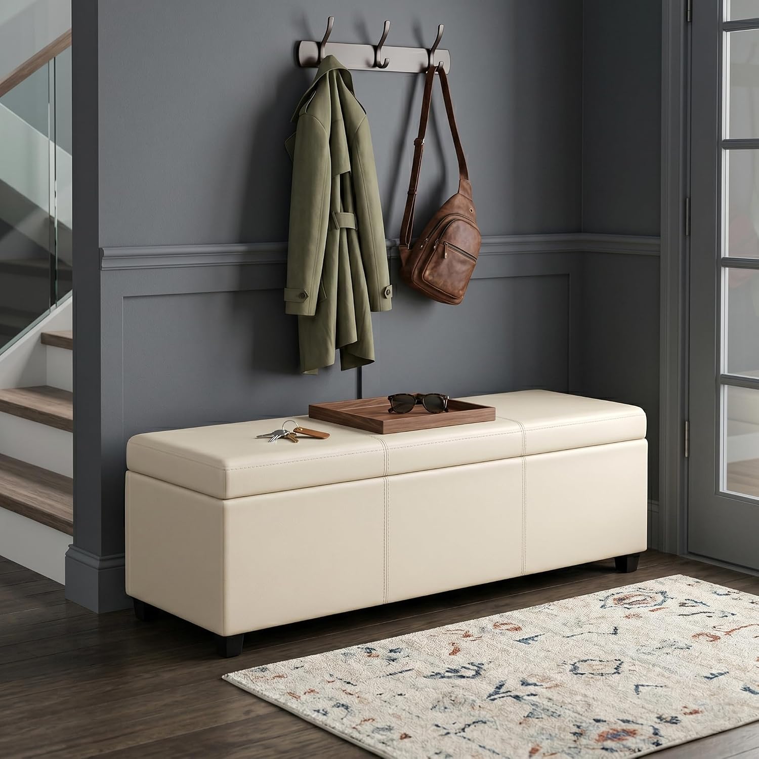 SIMPLIHOME Avalon 54" Wide Vegan Leather Storage Ottoman in Tanners Brown