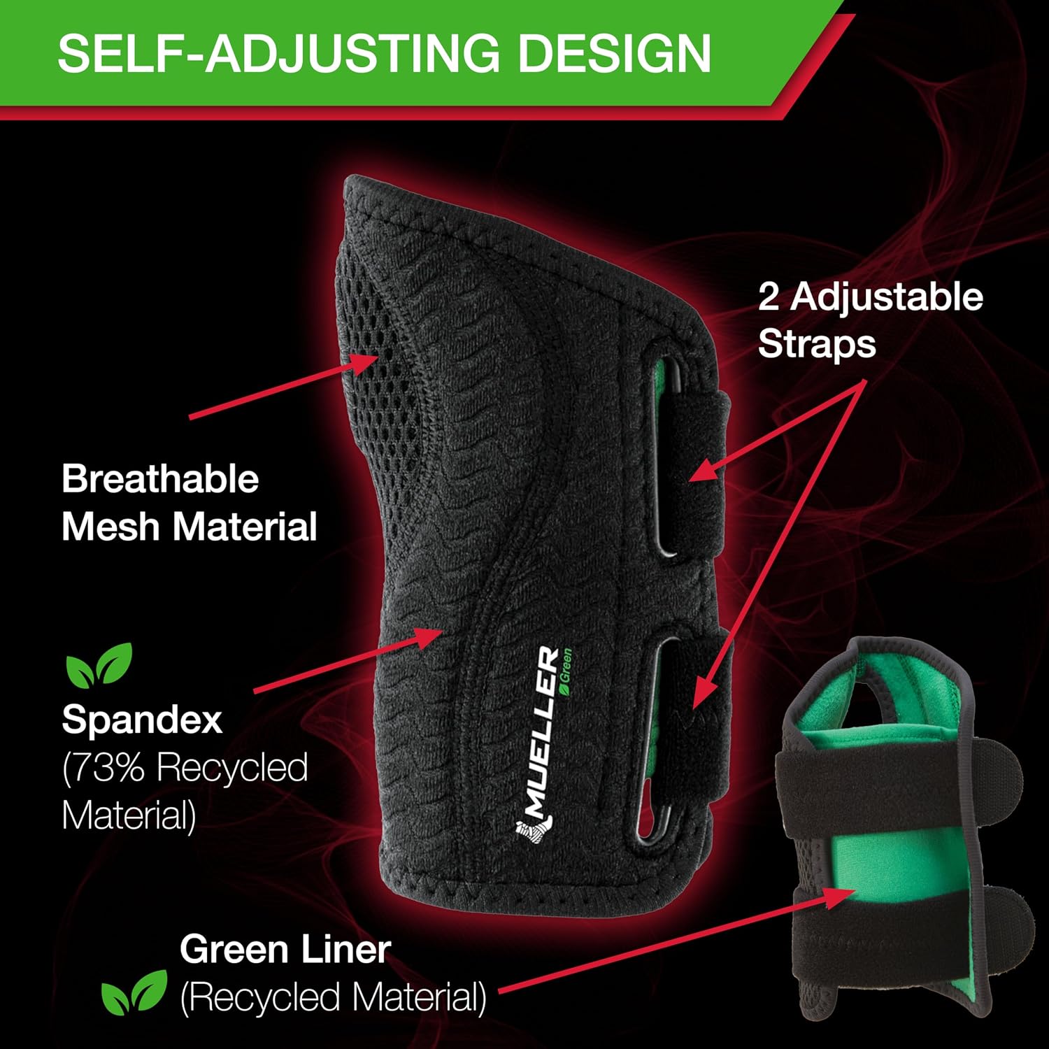 MUELLER Sports Medicine Green Fitted Wrist Brace for Men and Women, Wrist Pain Relief Support, Ideal for Carpal Tunnel, Tendonitis, Arthritis, Right Hand, Black, Small/Medium