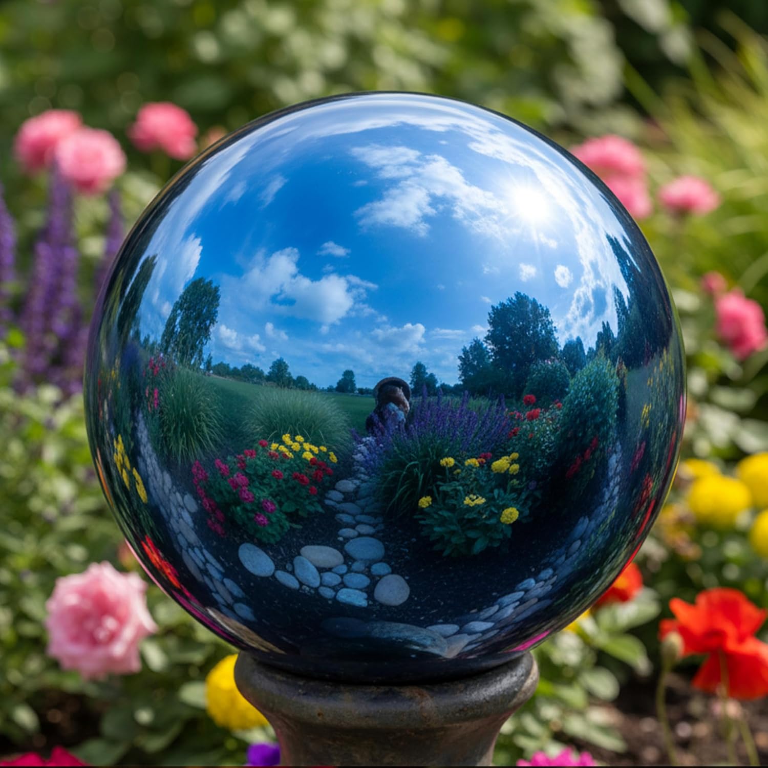 Sunnydaze 10-Inch Handblown Mirrored Glass Gazing Ball, Red | Reflective Outdoor Garden Globe Sphere, for Yard, Patio, Flower Bed, Walkway, and Landscape Decor, Stainless Steel Finish