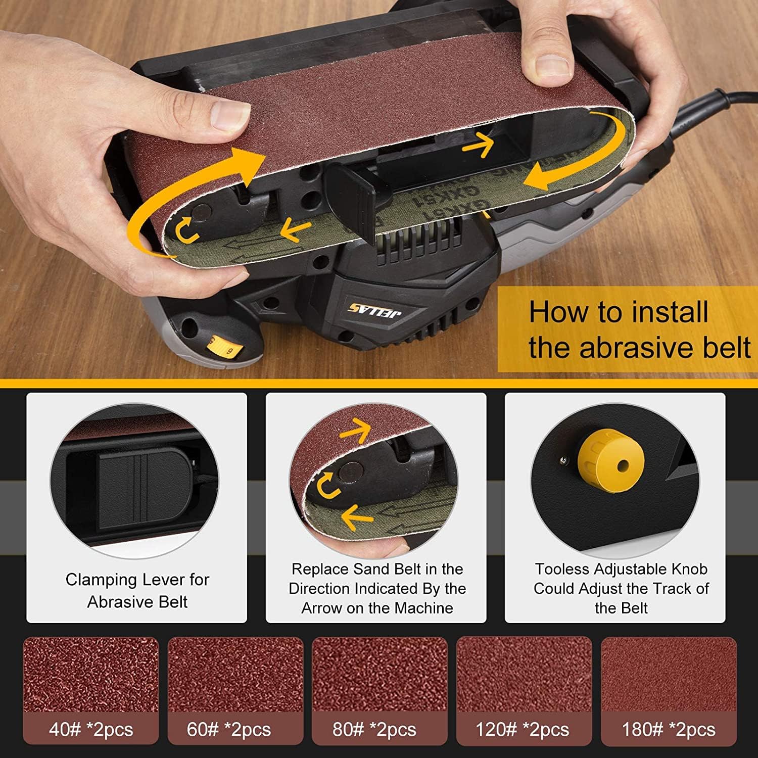 Jellas 7Amp Handheld Belt Sander, 3 21 Inch with Dust Bag for Woodworking | Variable Speed Control, 2-in-1 Vacuum Adapter, 10ft Power Cord