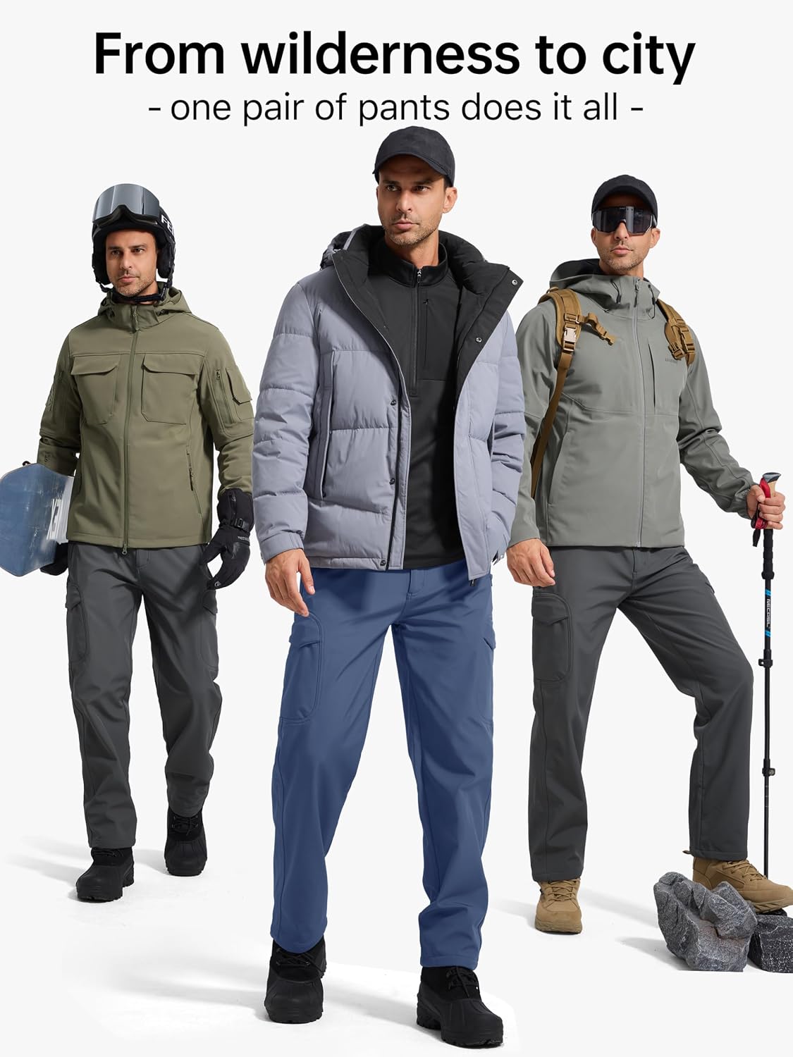 FREE SOLDIER Men's Outdoor Softshell Fleece Lined Cargo Pants | Snow Ski Hiking Pants with Belt, Waterproof Winter Pants, Insulated Work Pants, Breathable Windproof Insulated Pants