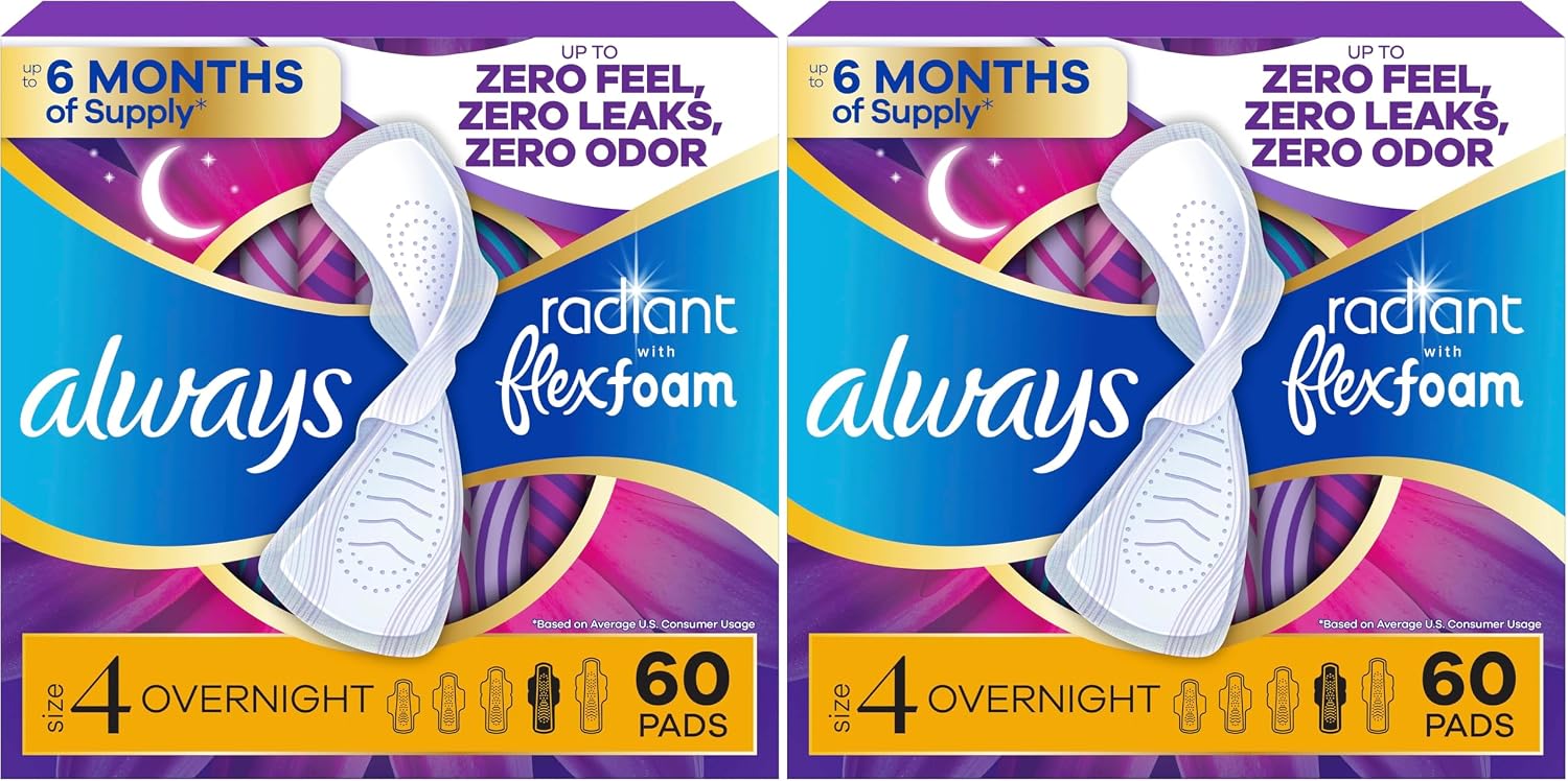 Always Radiant Feminine Pads for Women, Flexfoam Pads with Wings, Size 4, Overnight Absorbency, Lightly Scented, 60 Count (3 Packs of 20)