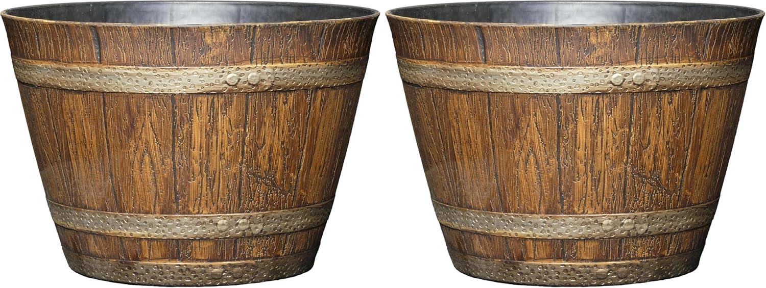 Classic Home and Garden Outdoor Round Whiskey Resin Flower Pot Barrel Planter, Distressed Oak Brown, 20.5" (Pack of 3)