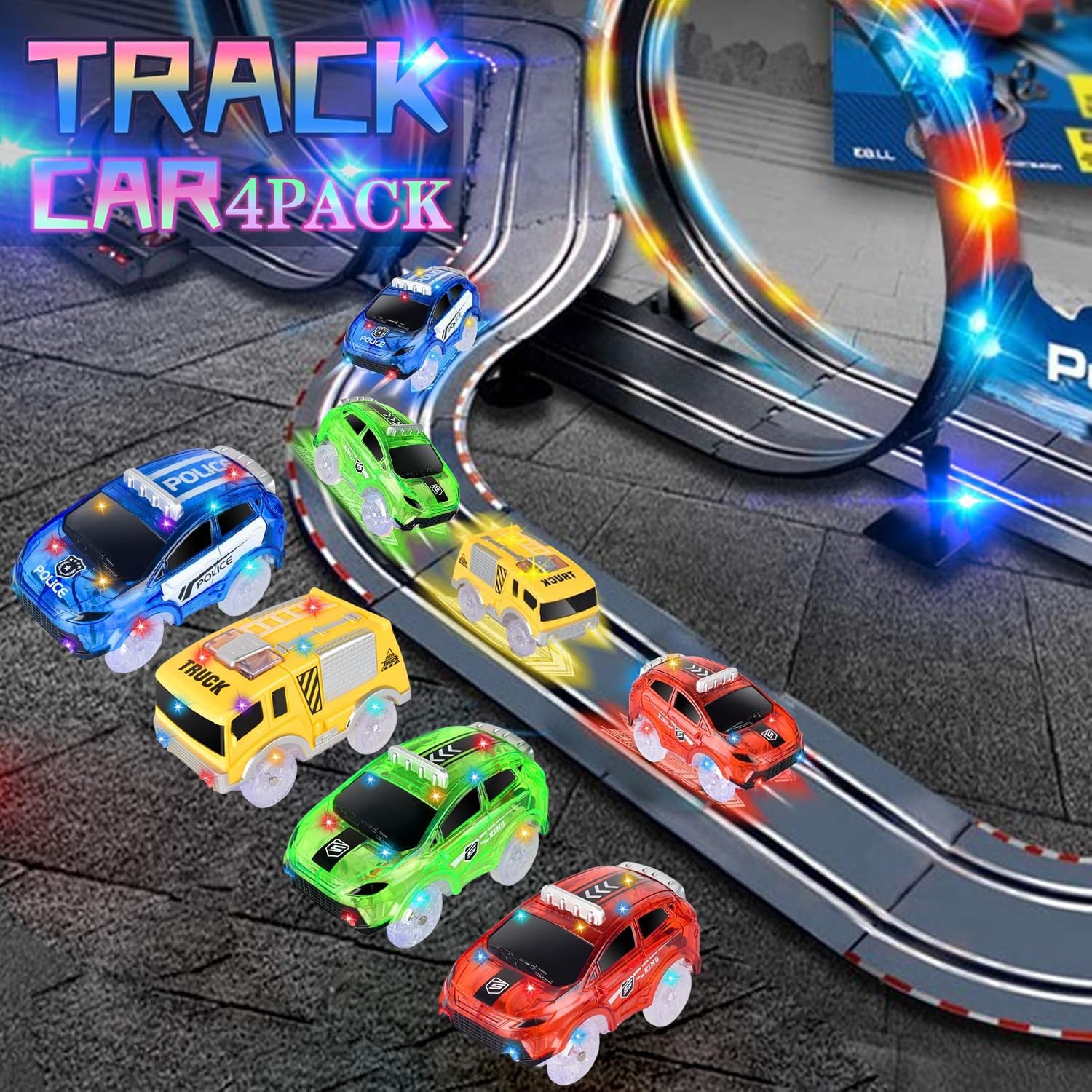 Tracks Cars Only Replacement, Flex Track Race Cars Glow in the Dark with 5 Flashing LED Lights