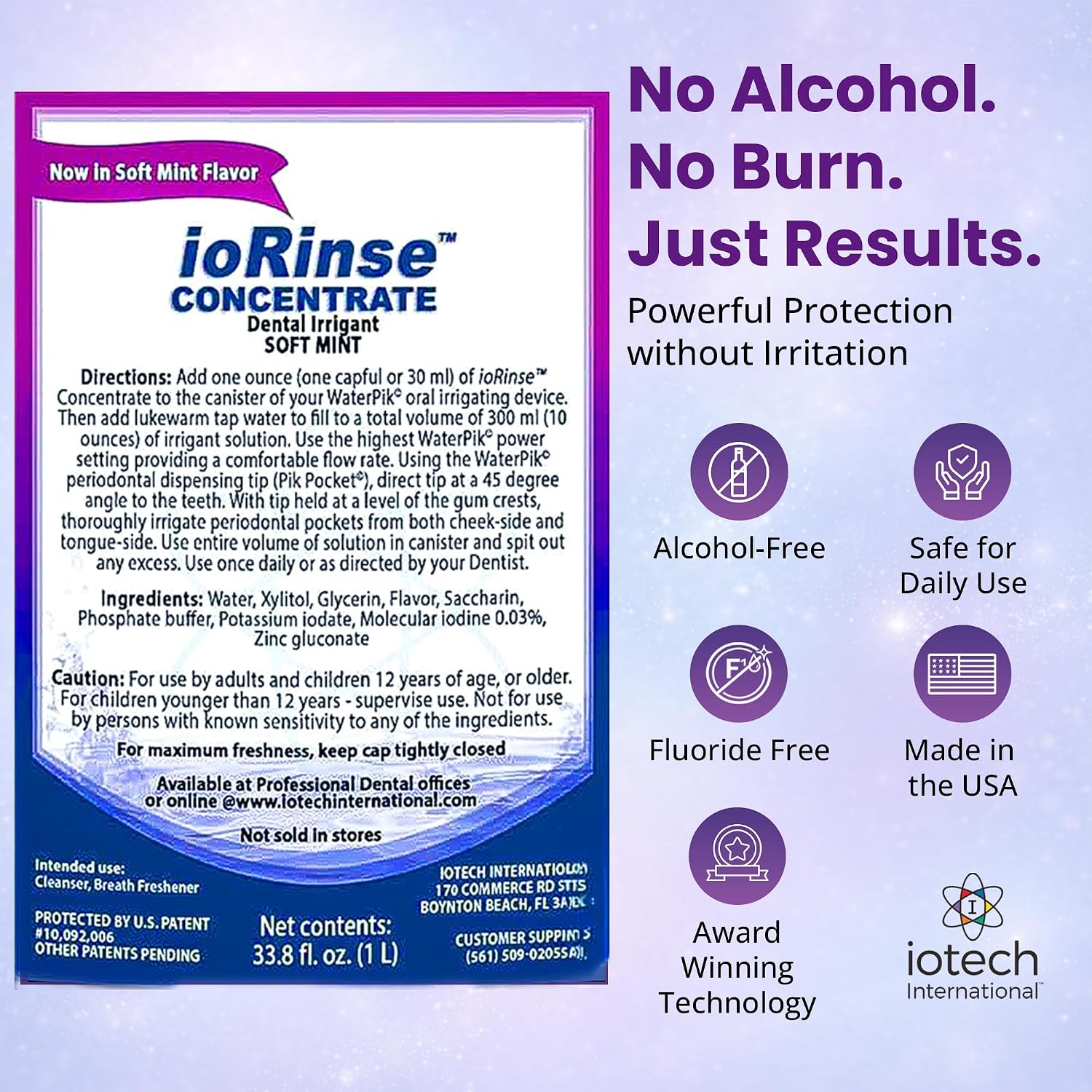 ioRinse RTU Halitosis Mouthwash, Molecular Iodine Oral Rinse, Soft Mint, 1L