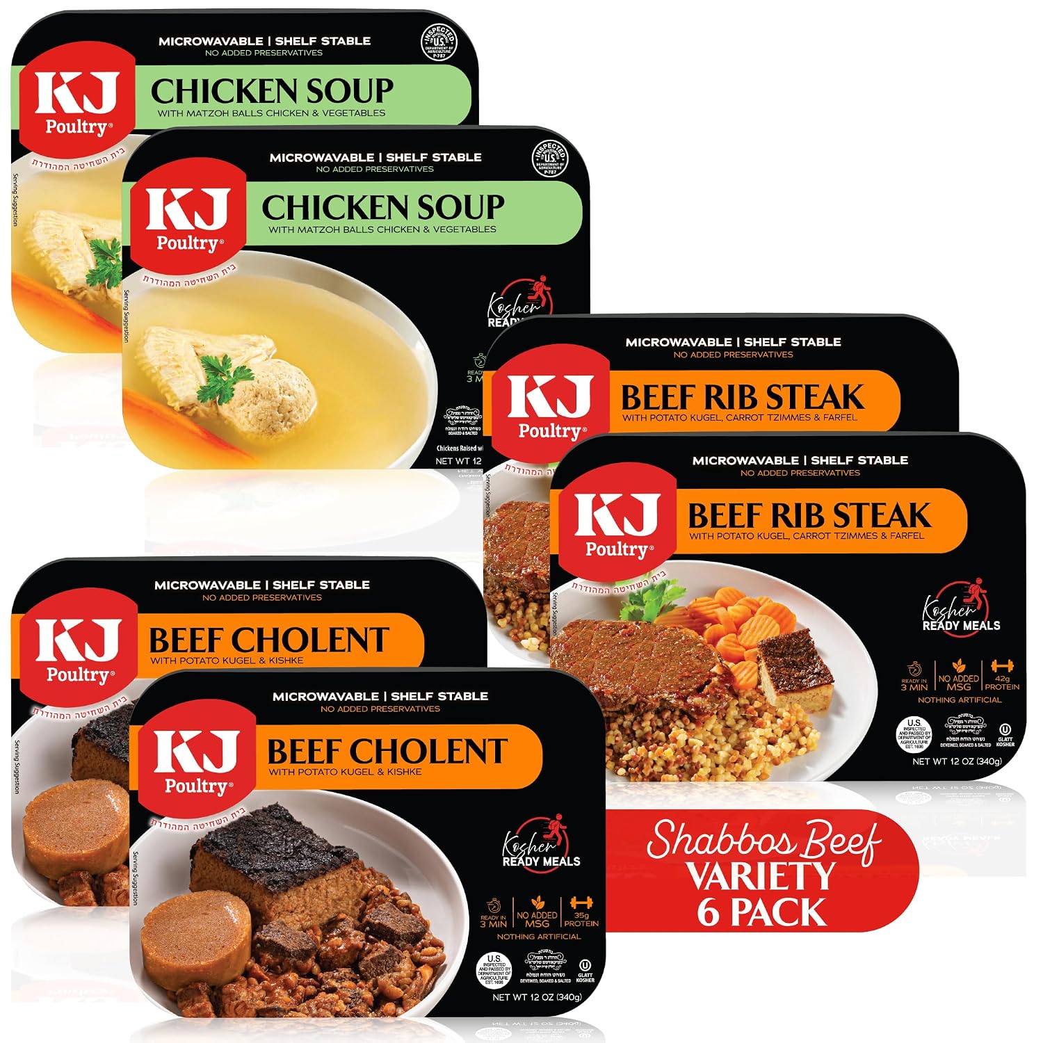 KJ Poultry Kosher Ready Meals - Shabbos Beef Variety (6 Pack) Prepared Entree Fully Cooked