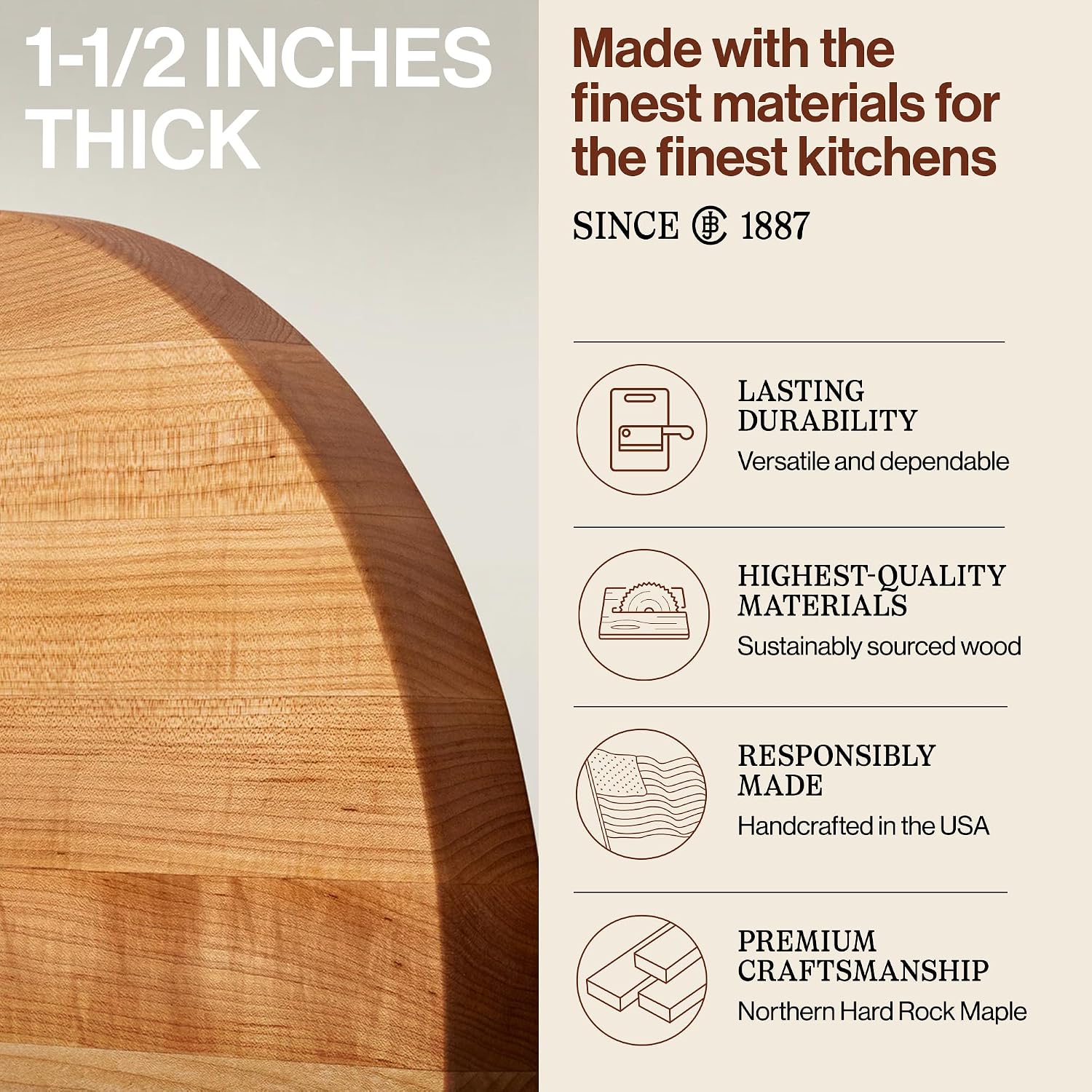 John Boos R-Board Series Round Wooden Maple Cutting Board 18”x18” – 1.5” Thick, 14-lb Reversible Butcher Block with Edge-Grain – Made in the USA