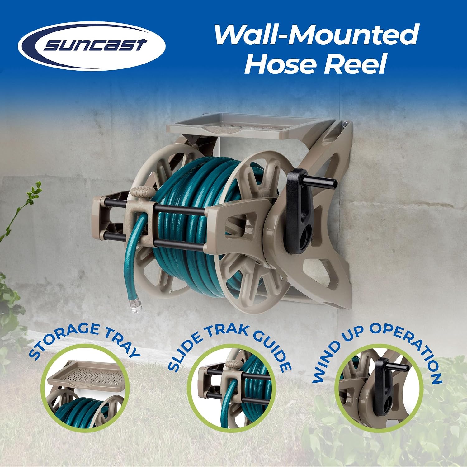 Suncast Slide Trak Garden Hose Reel, Wall-Mount Holder with Storage Tray, Dark Taupe - Outdoor Mounted Organizer for 175 Ft of 5/8" Standard Vinyl Water Hoses in Lawn and Yard