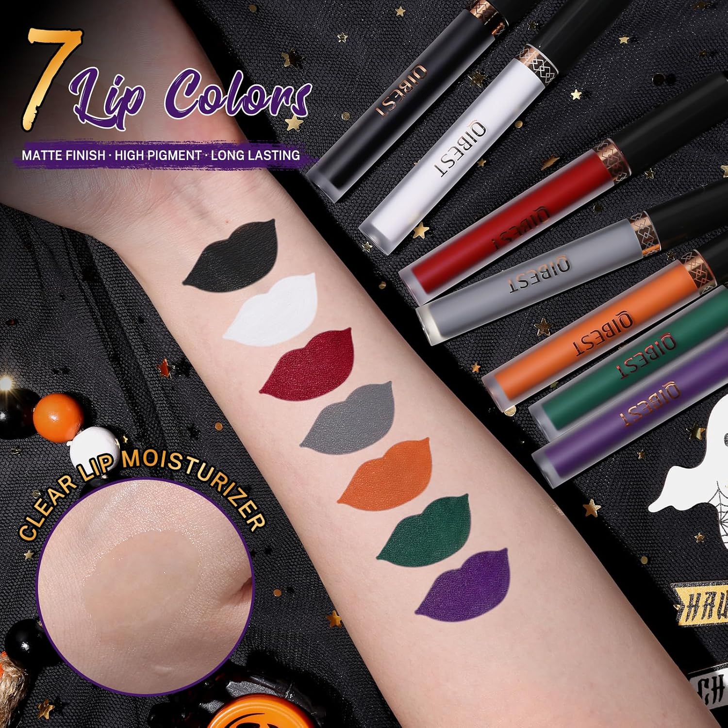 QiBest 7Pcs Matte Liquid Lipstick + 1Pcs Lip Plumper Makeup Set Kit, Pigmented Long Lasting Lip Gloss Set