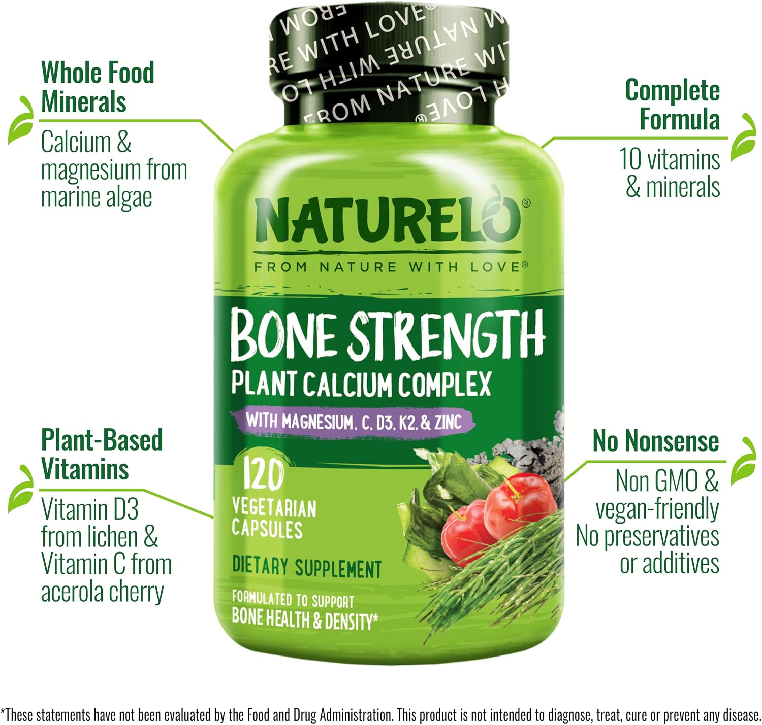 NATURELO Calcium Supplement with Vitamin C, D3, K2, 120 Vegetarian Capsules | Magnesium & Zinc for Bone Strength,Plant-Based Calcium 600mg , Non-GMO, Soy & Gluten-Free