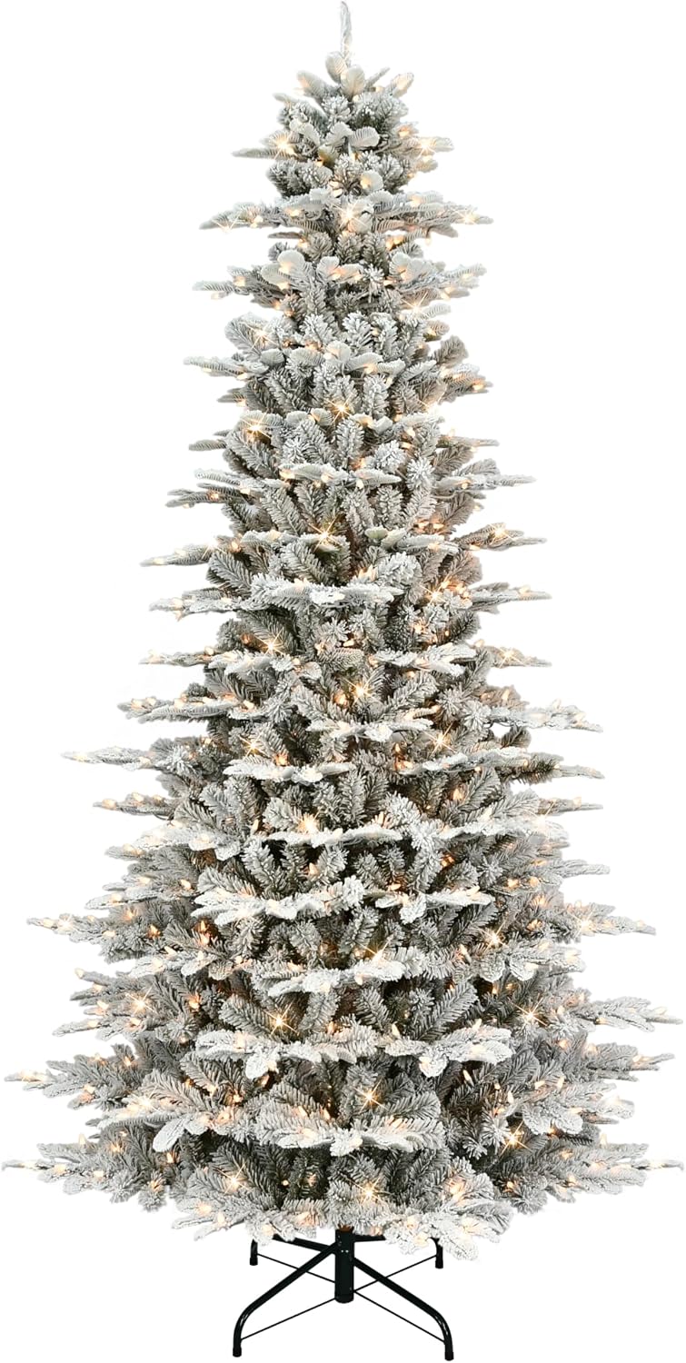 Puleo International 7.5ft Pre-Lit Slim Flocked Aspen Fir Christmas Tree with 450 Clear Lights, 1016 Realistic Dense Snow Flocked Branch Tips, Easy Setup Artificial Trees with Sturdy Metal Stand
