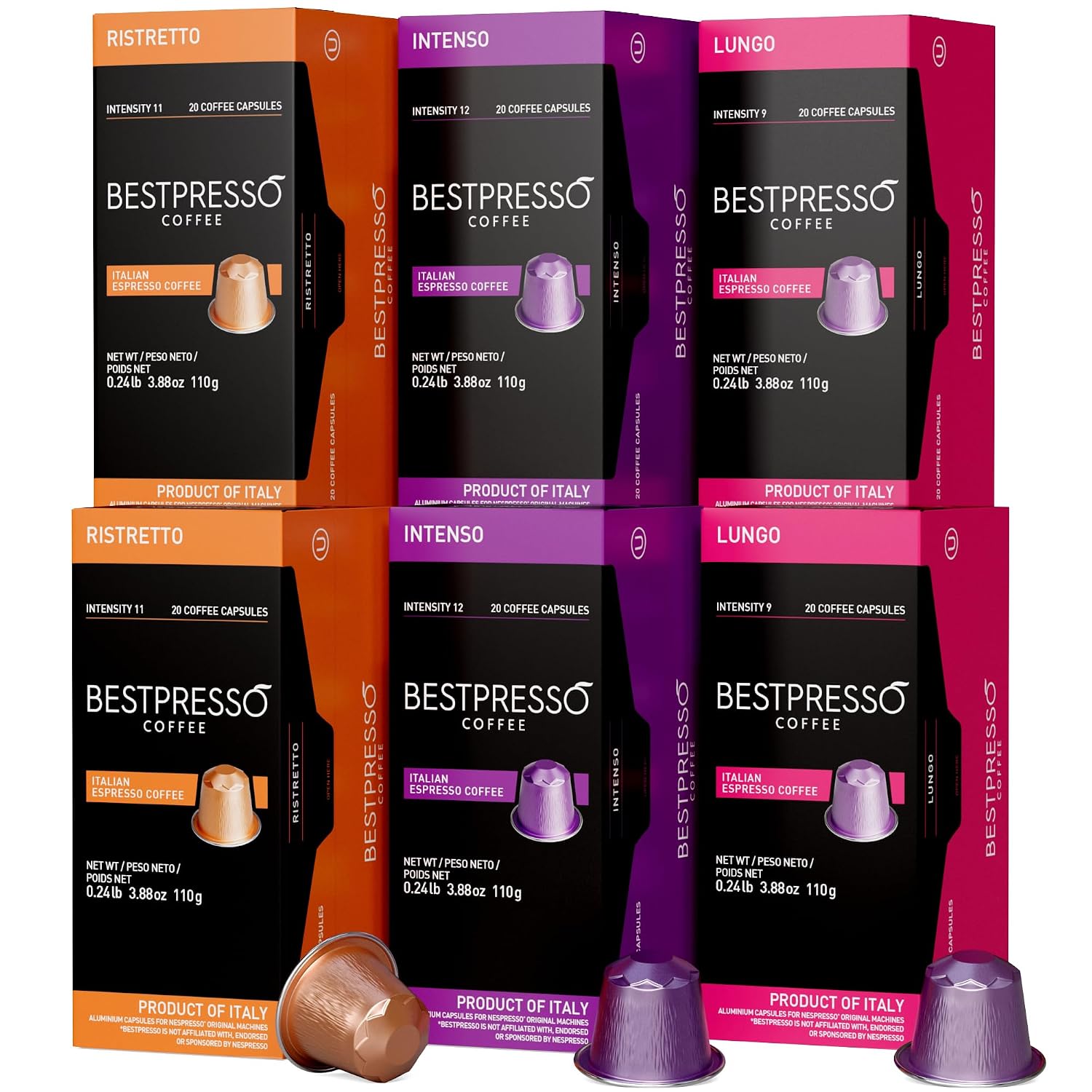 Bestpresso Coffee For Nespresso Original Machine 120 Aluminum Pods Certified Genuine Espresso Variety Pack Pods Compatible with Nespresso Original (Intense Variety Pack)