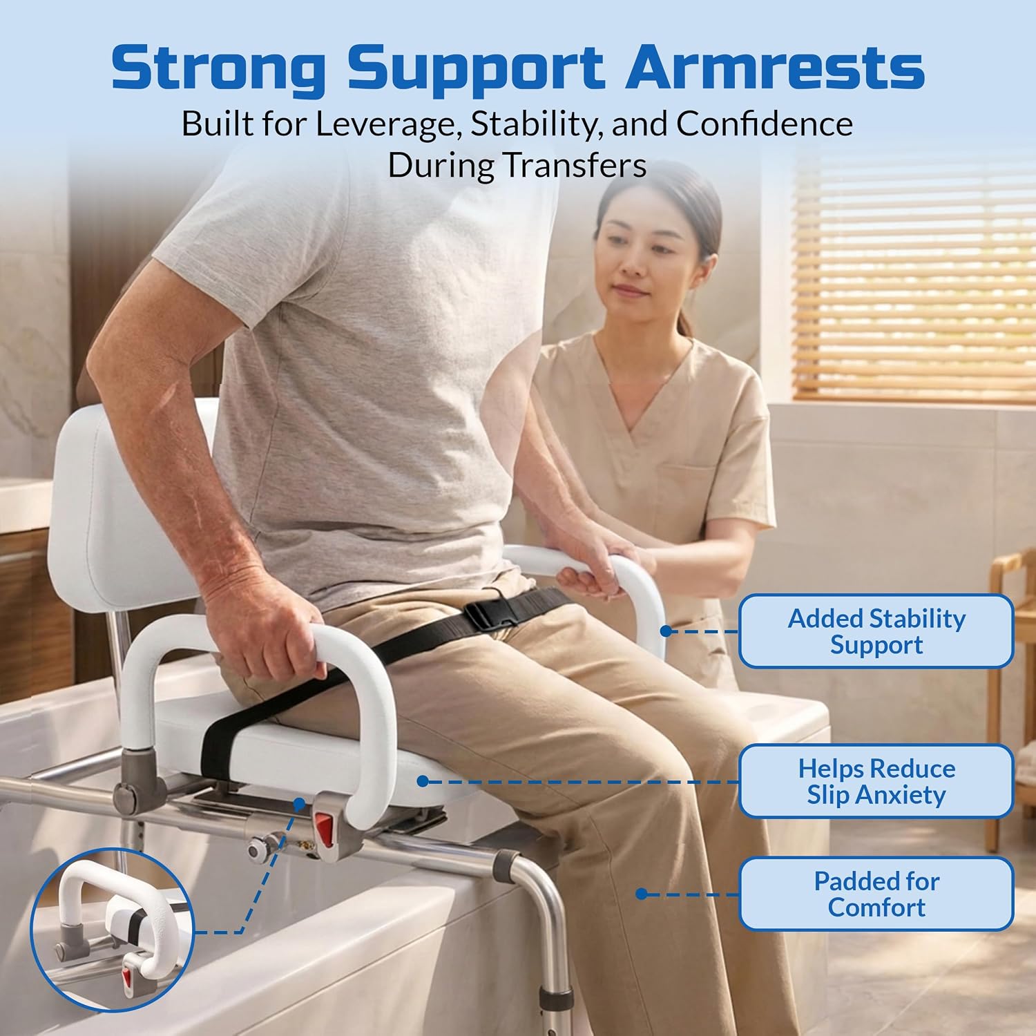 Carousel Sliding Shower Chair Tub Transfer Bench with Swivel Seat Elderly | Slide Safely In & Out of the Tub - Blue, padded seat, padded armrests, swivel seat, backrest, portable, tool-free assembly