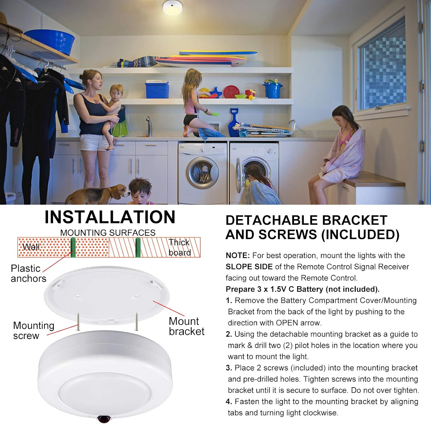 BIGMONAT Wireless Ceiling Light with Remote and Timer, Dimmable Motion Sensor Shower Light