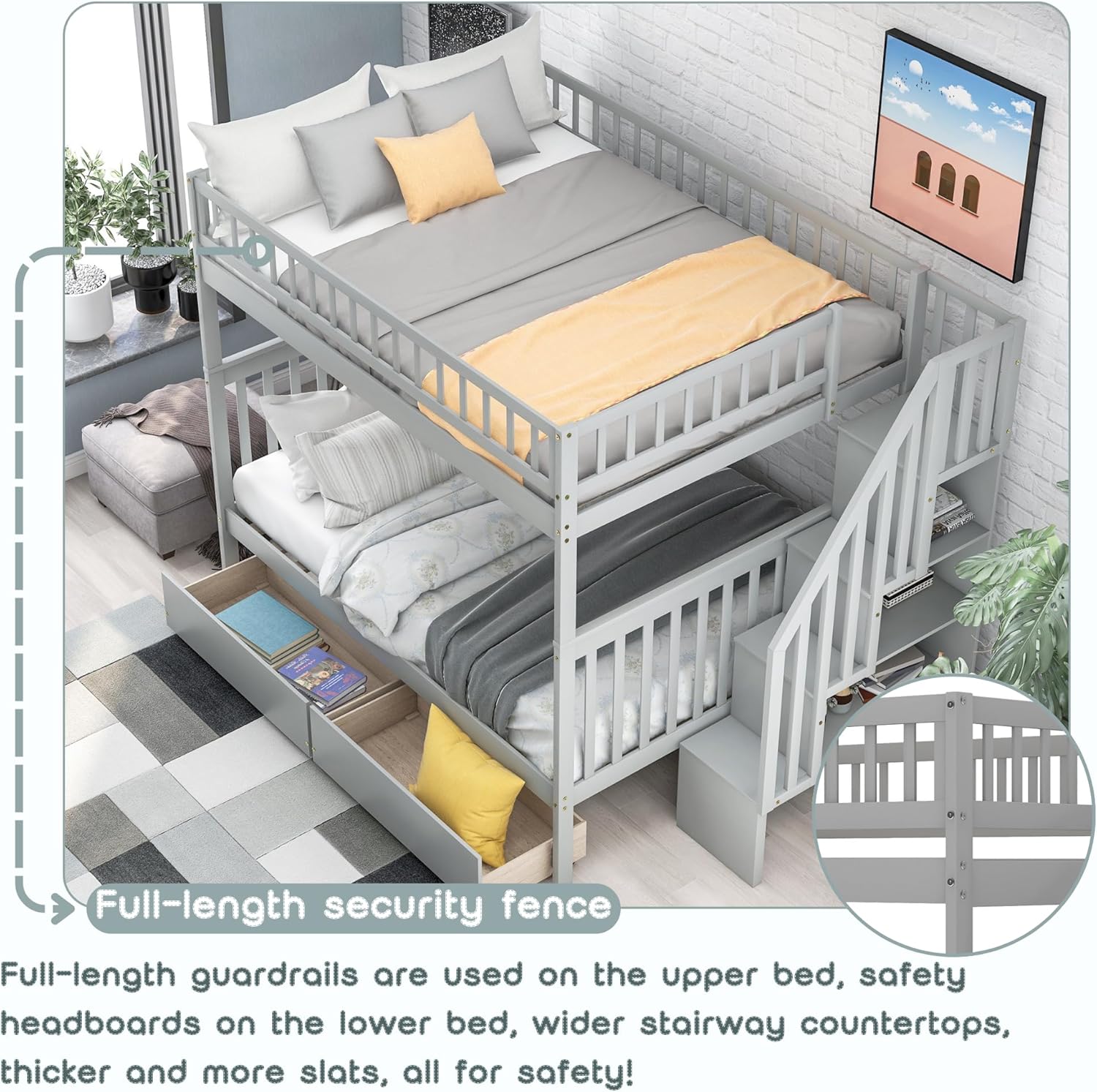 Bellemave Full Over Full Bunk Beds with Stairs Stairway Bunk Bed Frame with Storage Shelves for Teens Adult, Detachable Wood Full Bunk Bed, Gray