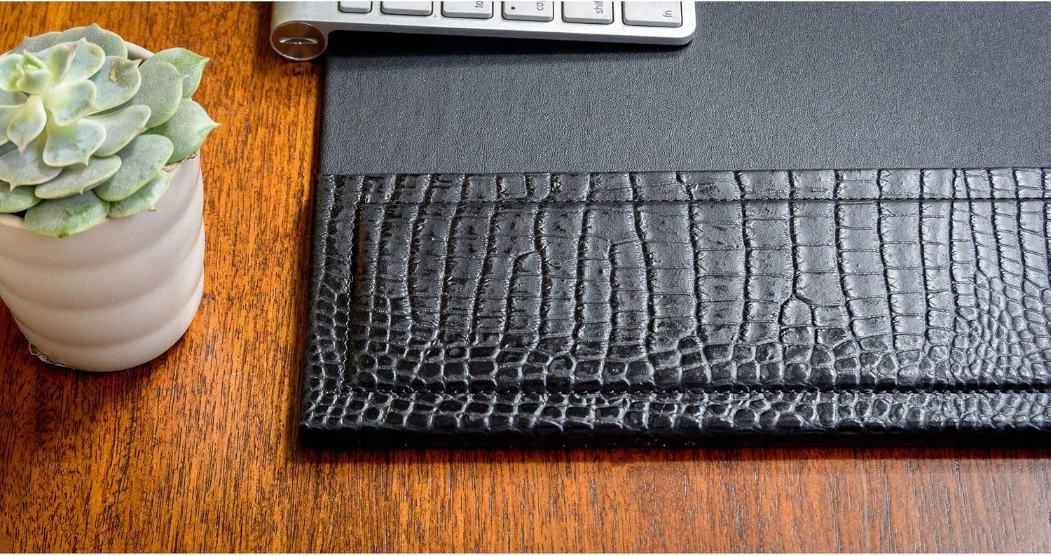 Dacasso Black Crocodile Embossed Leather Desk pad with Side-Rails, 25.5 by 17.25 Inch