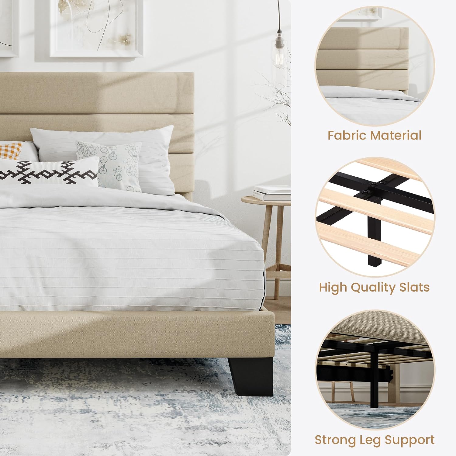 SHA CERLIN Full Platform Bed Frame with Upholstered Fabric Headboard, Grey