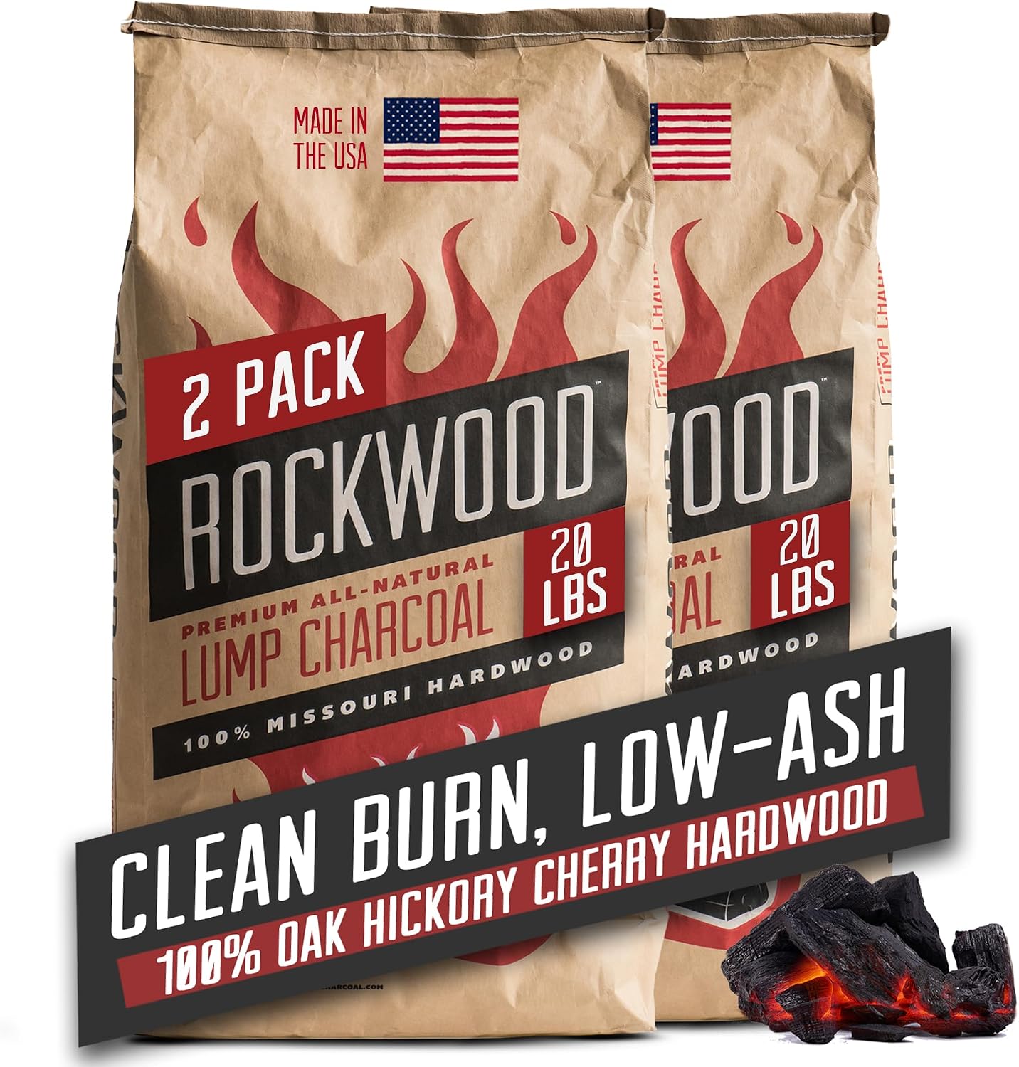 Rockwood Natural Lump Charcoal – Hardwood Lump Charcoal - 20 lbs, 1 Pack | Hardwood Lump Charcoal with Blend of Oak, Hickory & Cherry - Clean Burn, High Heat Grilling & Smoking - For Kettle & Kamado