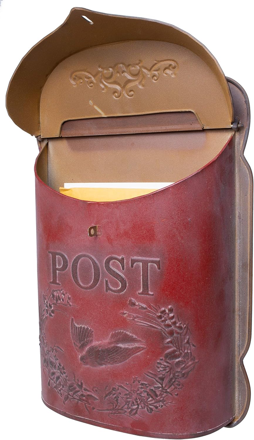 Red Co. 10.5” x 15.5” Shabby Chic Wall-Mounted Post Embossed Aged Metal Mailbox, Rusted Red