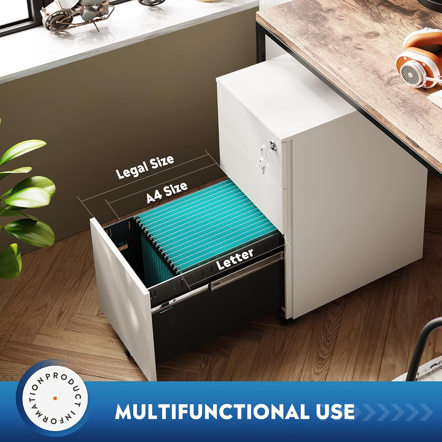 DEVAISE 3 Drawer Mobile File Cabinet with Lock, Under Desk Metal Filing Cabinet for Home Office/Legal/Letter/A4 File, Fully Assembled Except Wheels, Black