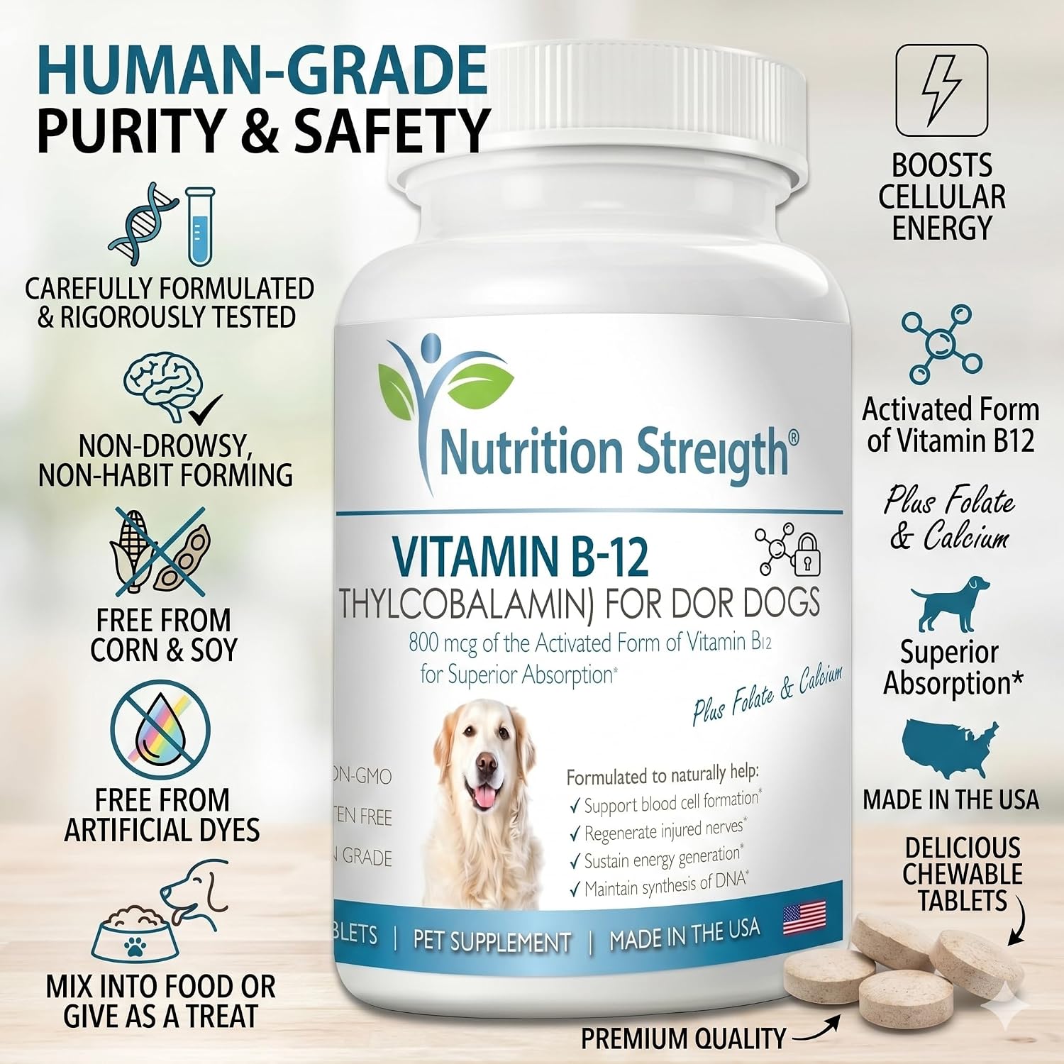 Vitamin B12 for Dogs Plus Folate & Calcium, Support the Nervous System & Blood Cell Formation