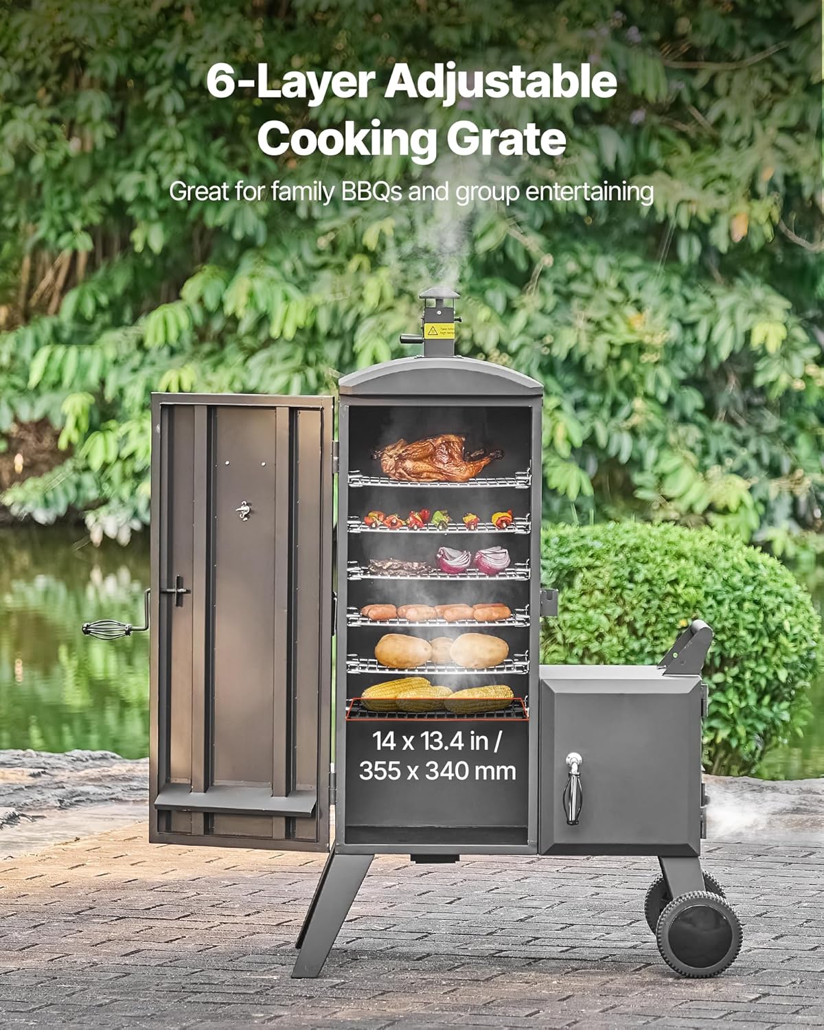 VEVOR Charcoal Offset Smoker, Heavy-Duty Steel BBQ Offset Smoker with Side Firebox, Movable Outdoor Barbecue Smokers with 6 Adjustable Grates
