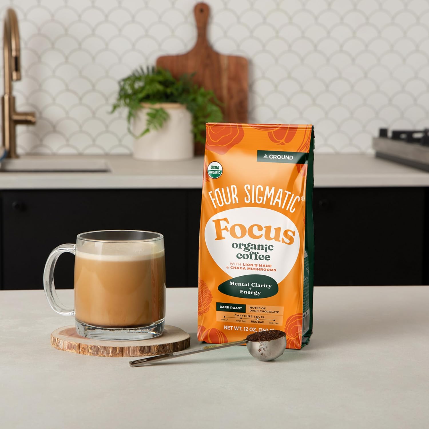 Four Sigmatic Organic Focus Mushroom Ground Coffee | Dark Roast, Organic Coffee with Lion's Mane & Chaga Mushroom for Mental Clarity & Energy Support | 12oz Bag