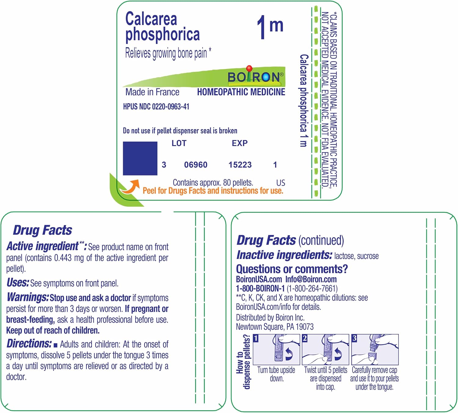 Boiron Calcarea Phosphorica 1M for Growing Bone Pain - 80 Pellets | Single-medicine homeopathic pellets for Growing Bone Pain. Size: 80 Pellets.