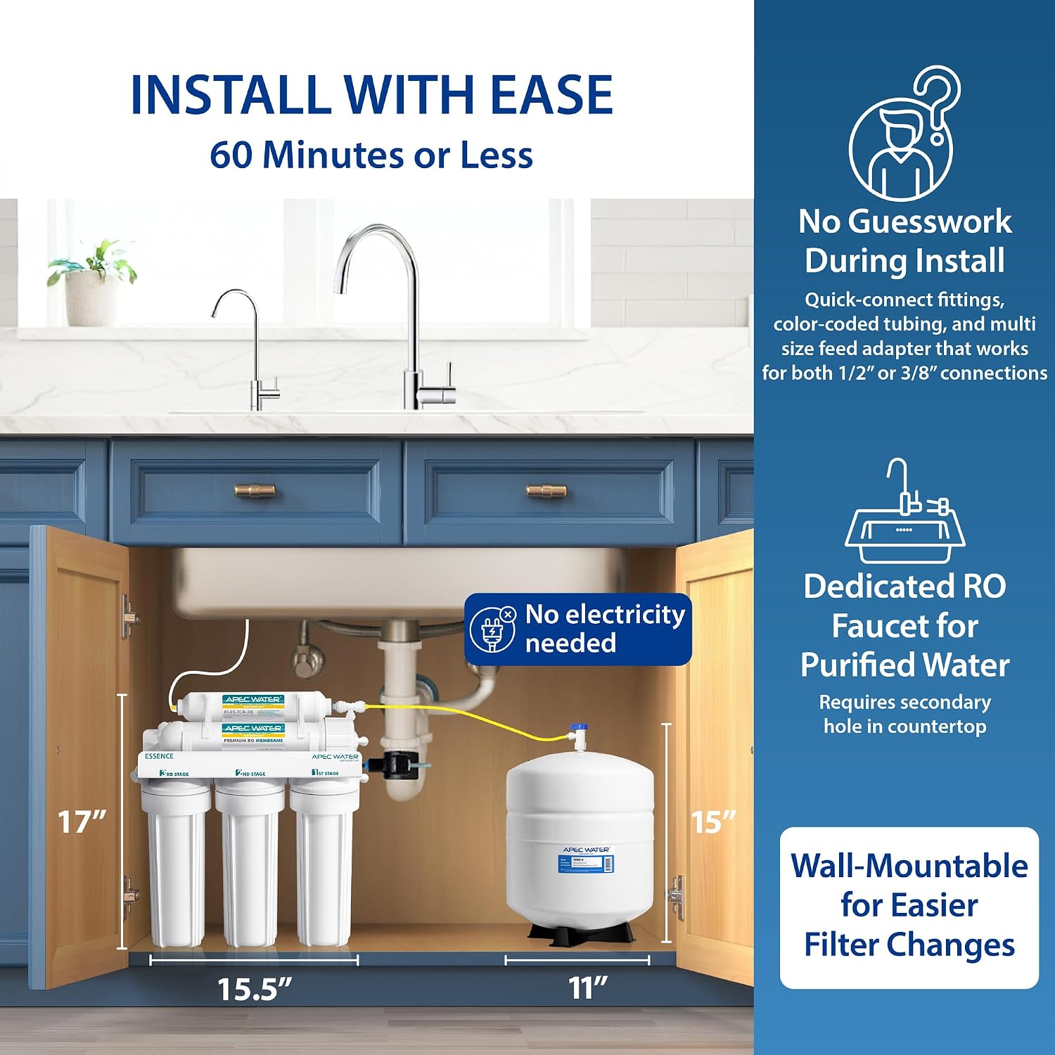 APEC Water ROES-50, 5-Stage Under Sink Reverse Osmosis System, 50 GPD | NSF Certified 372 & 58, Reduces 99% of Impurities, DIY Installation