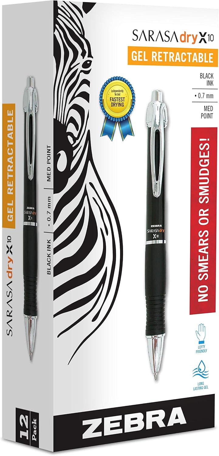 Zebra Pen SARASA X10 Retractable Gel Pen, Black Ink, 0.7mm, 12-Pack | Rapid-Dry Ink, Smooth, Smear-Resistant, Wide Barrel, Ideal for Left-Handed Writers, Note-Taking, Medium Point Tip (42620)