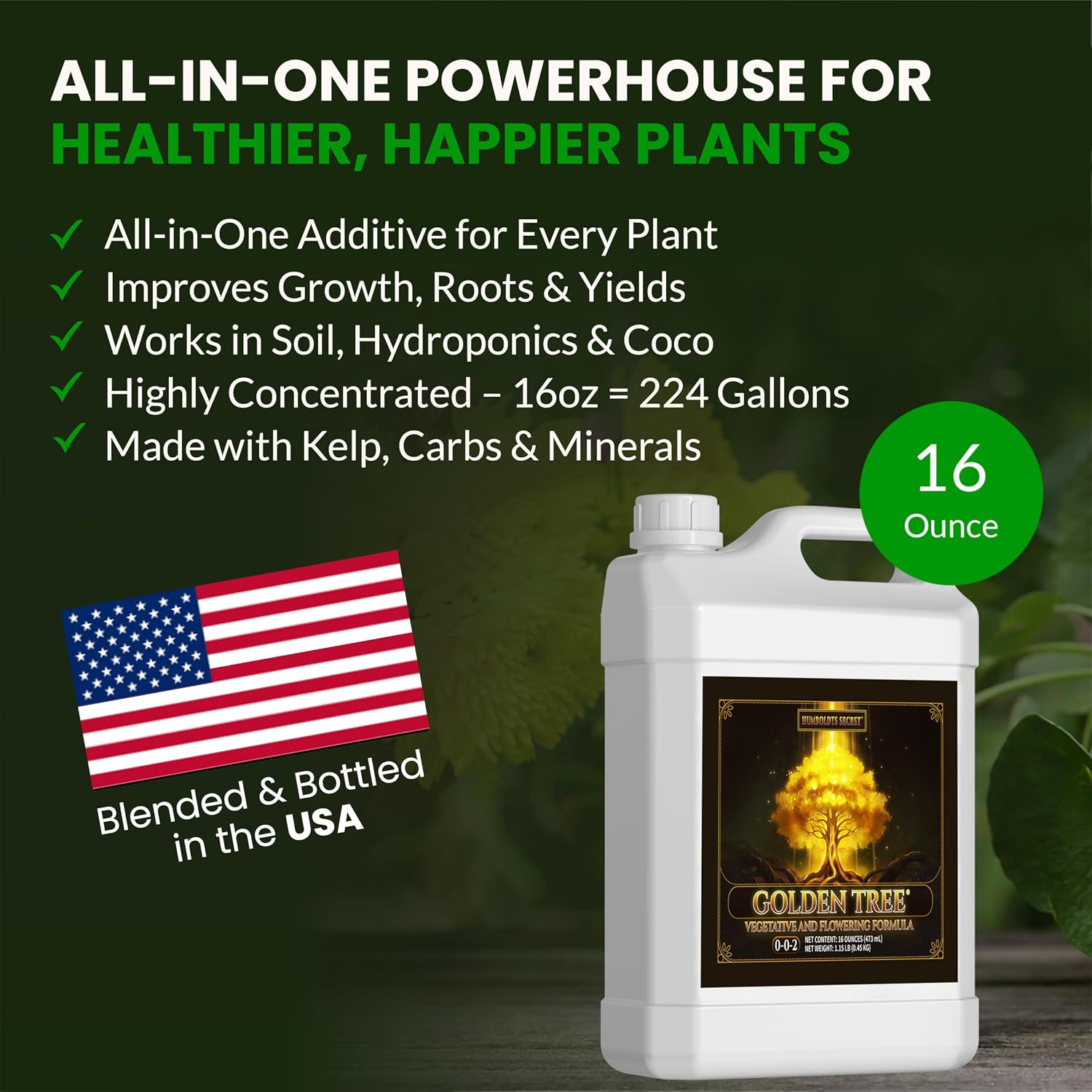 Humboldts Secret Golden Tree Liquid Plant Food | Enhances Growth Indoors or Outdoors | All-in-One Plant Nutrients for Vegetables, Trees, Flowers, Fruits, Roses, Lawns, Tomatoes | 16 Ounce